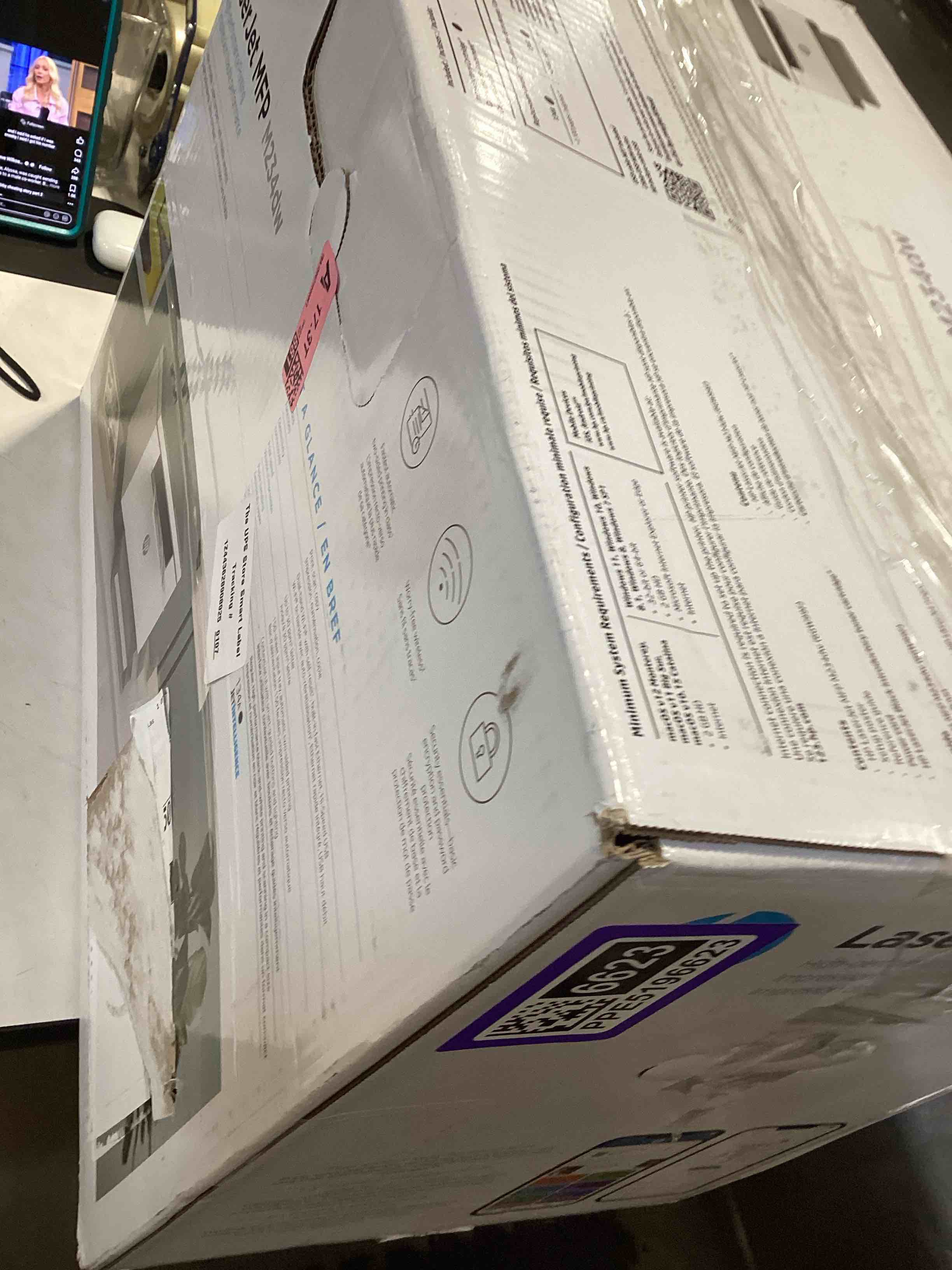 Condition photo showing As Is for hp laserjet mfp m234dw wireless printer, print, scan, copy, fast speeds, easy setup, mobile printing, best-for-small teams, instant ink eligible