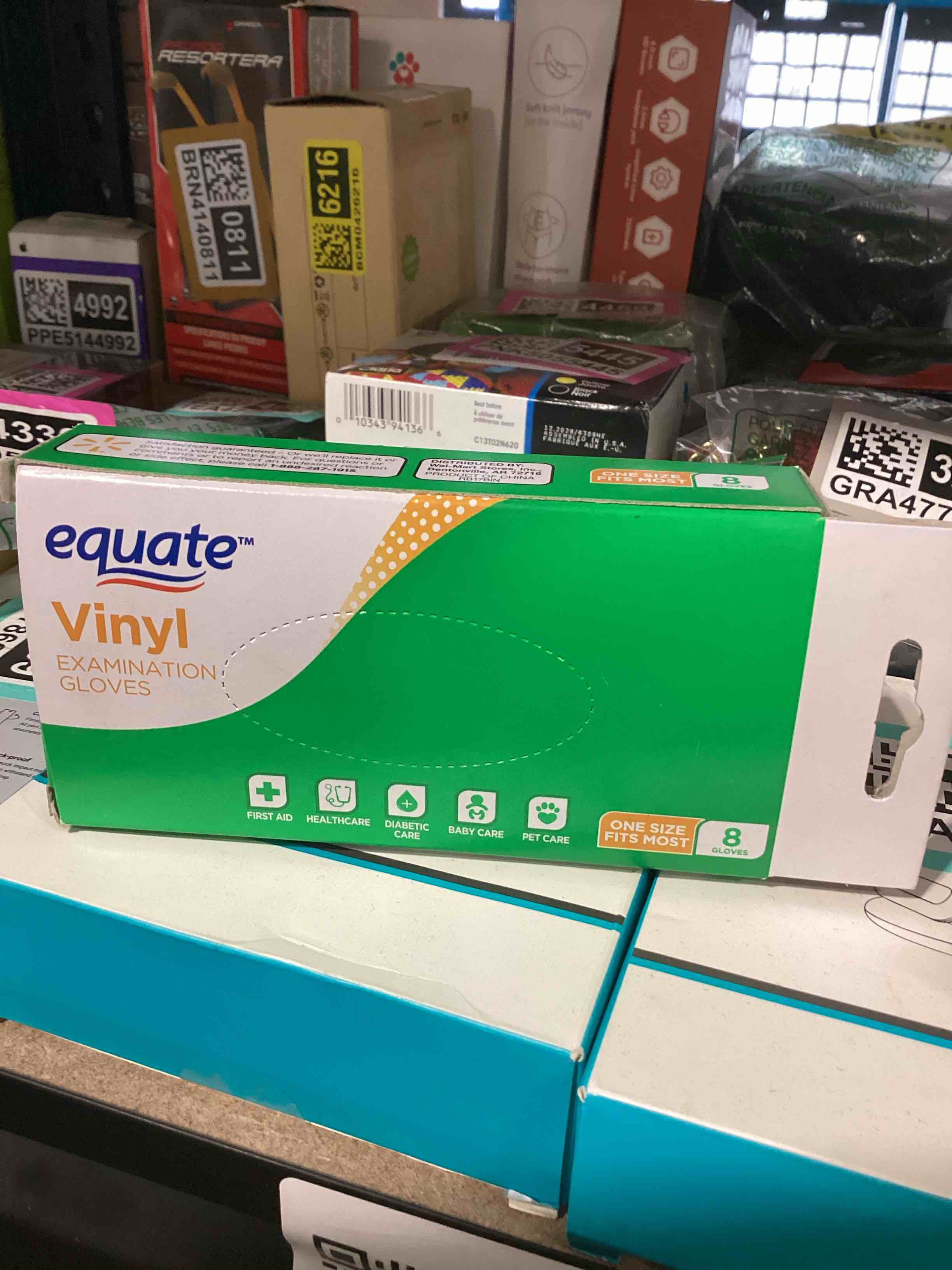 Condition photo showing New/Like New for case of 24 equate vinyl examination gloves one size, 8ct box 
