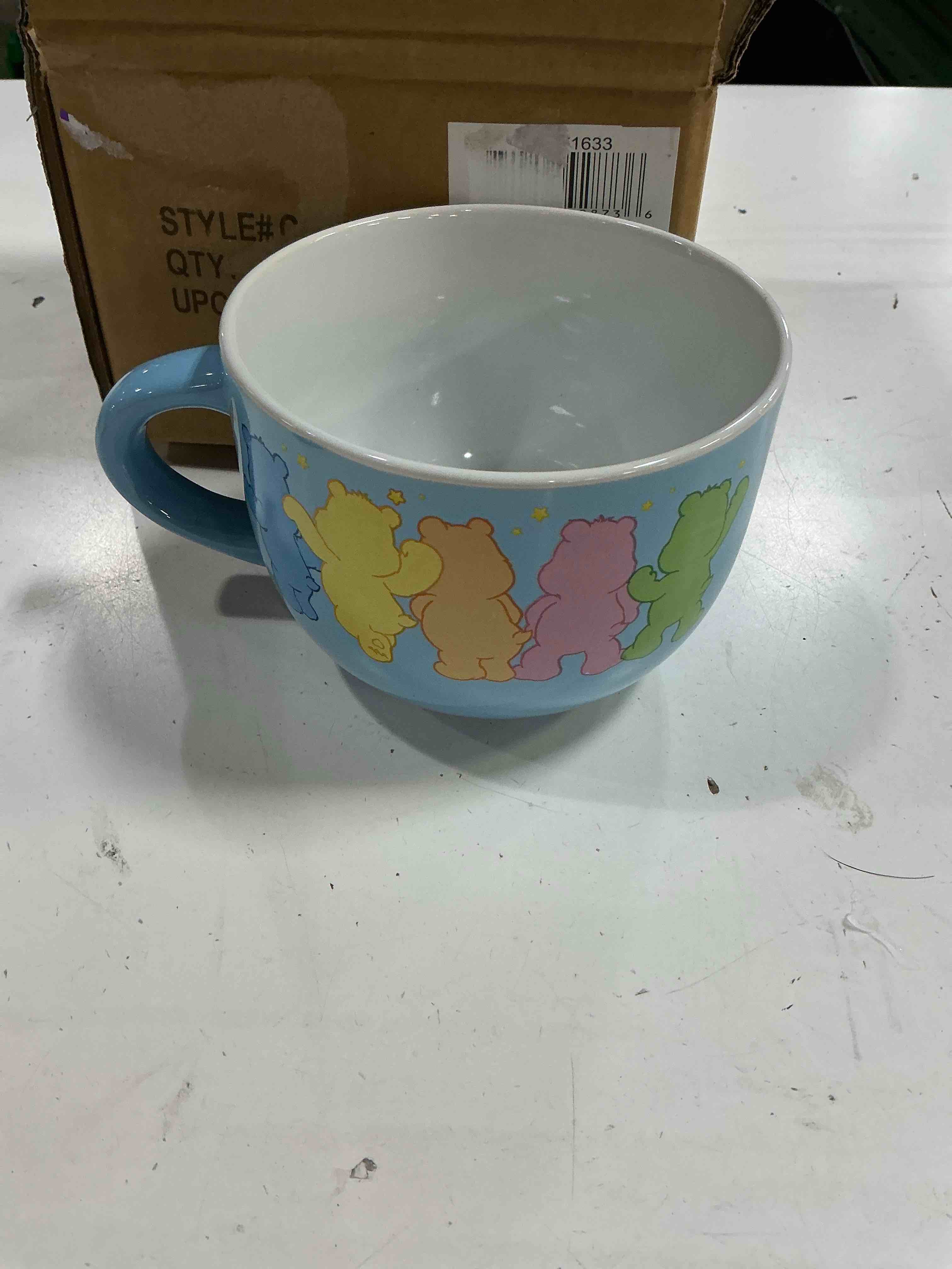 Condition photo showing New/Like New for silver buffalo care bears featuring good luck bear, cheer bear, friend bear, funshine bear, and grumpy bear ceramic soup mug, 24 ounces 24 ounces care bears: poses