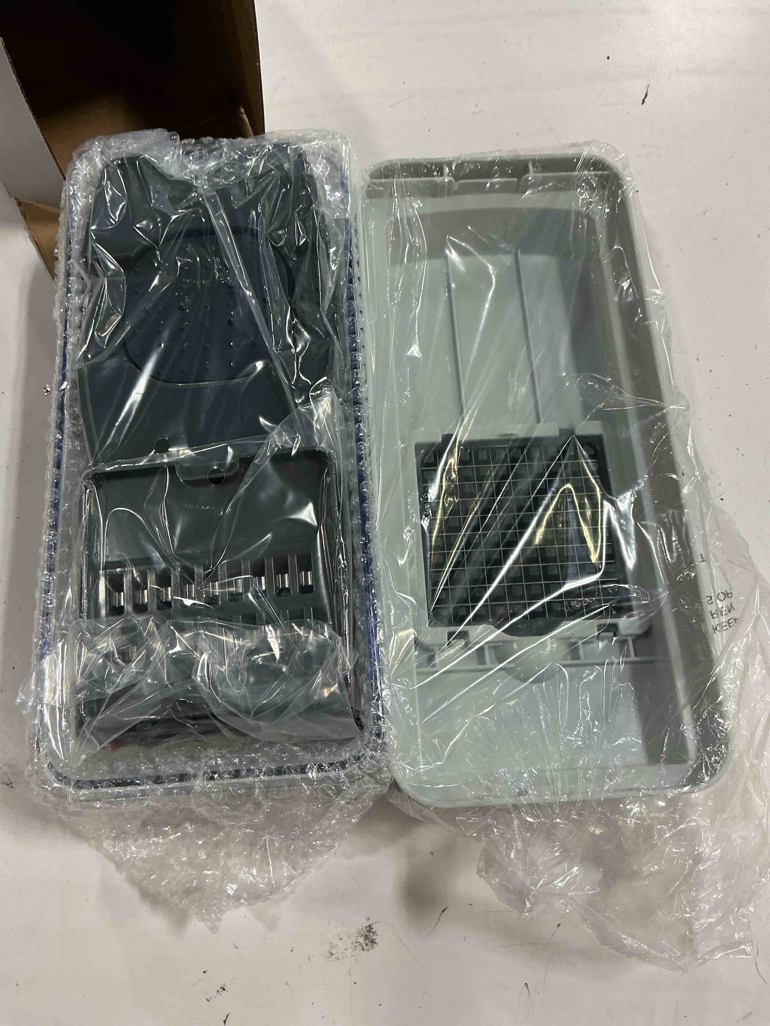 Condition photo showing New/Like New for mueller vegetable chopper mandoline slicer, food veggie chopper, cheese grater, onion vegetable cutter with container, dicer, kitchen gadgets & essentials, white sand/grey white sand/grey 6 blade