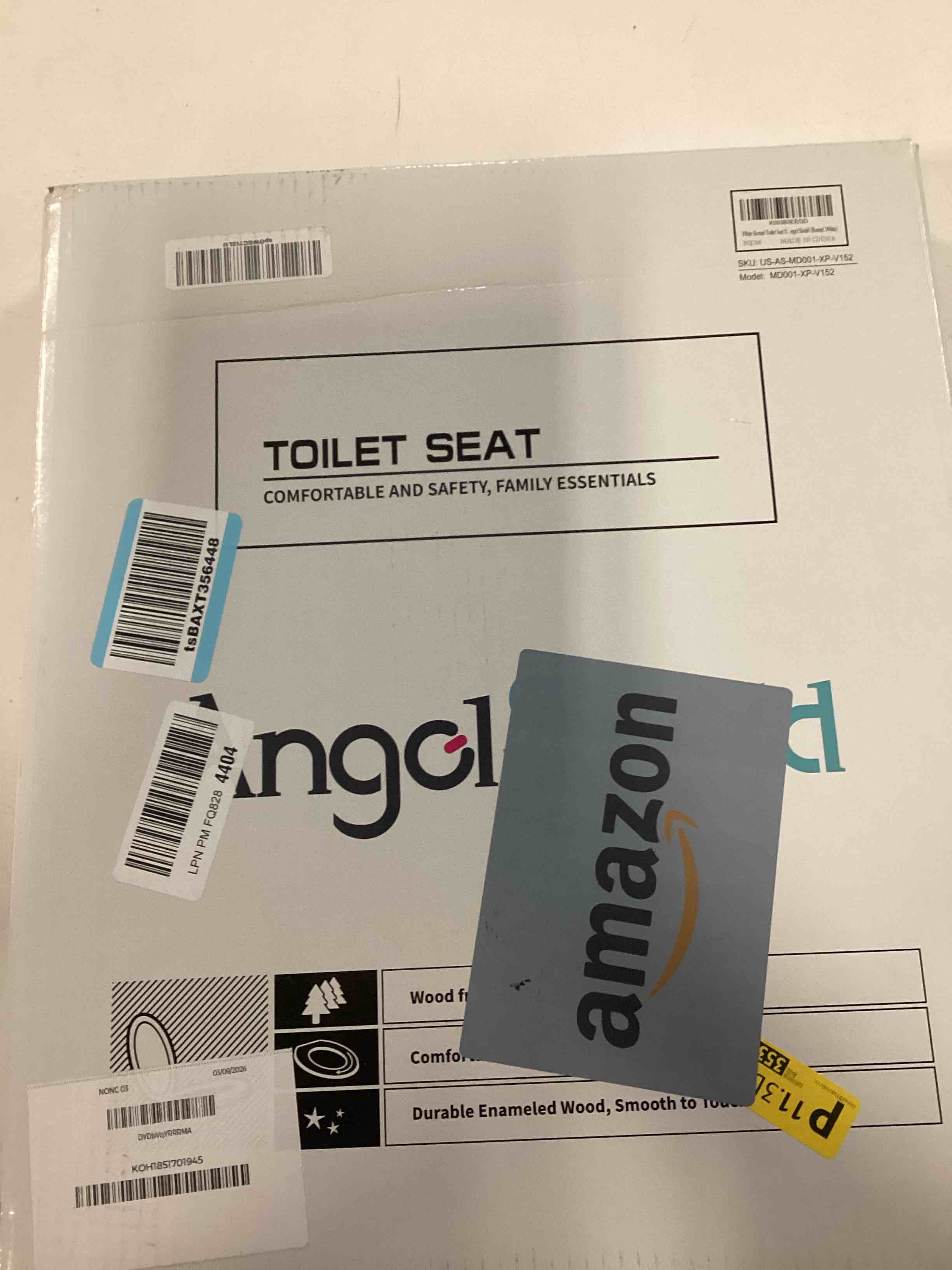 Condition photo showing As Is for white round toilet seat natural wood toilet seat with zinc alloy hinges, easy to install also easy to clean, scratch resistant toilet seat by angol shiold (round, white) round white