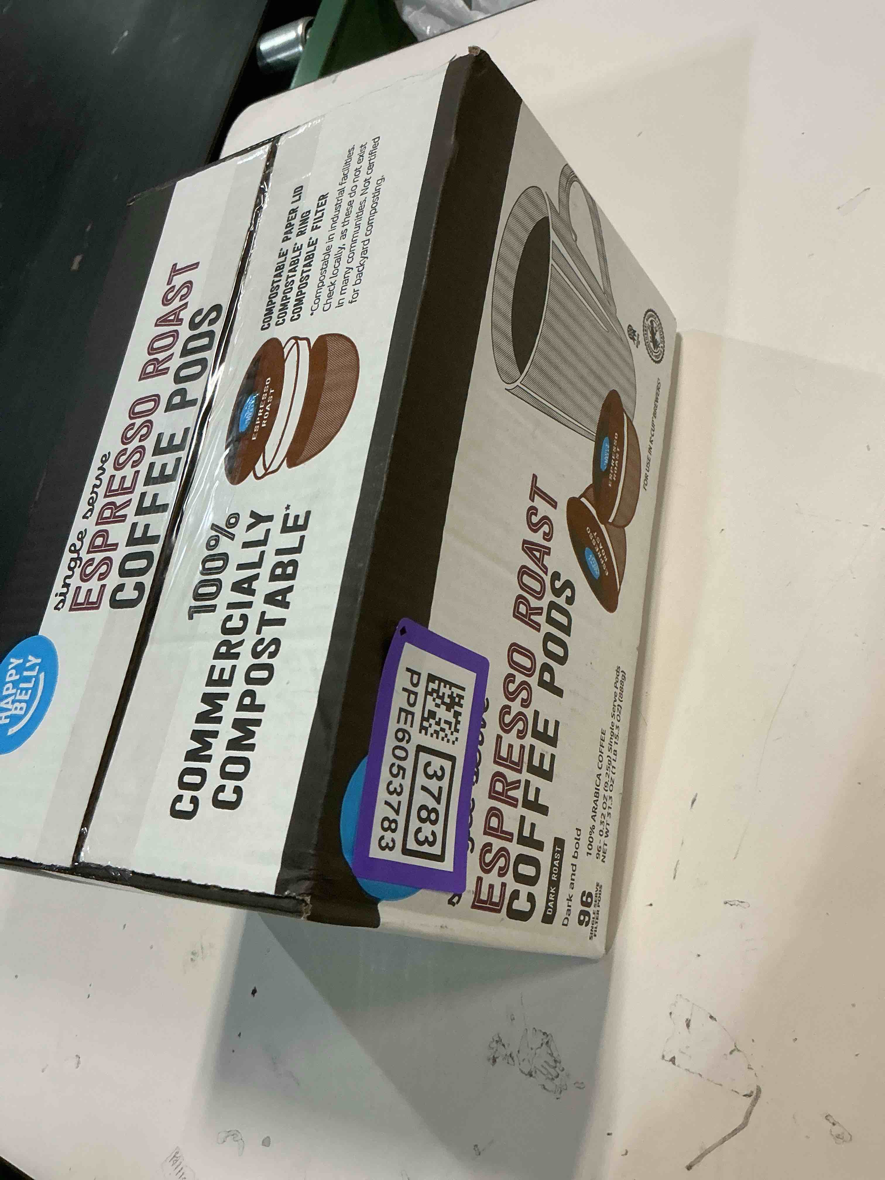 Condition photo showing New/Like New for (best by 02-28-27)Amazon Brand - Happy Belly Espresso Roast Compostable Coffee Pods (Dark Roast), Compatible with K-Cup Brewer, 96 Count