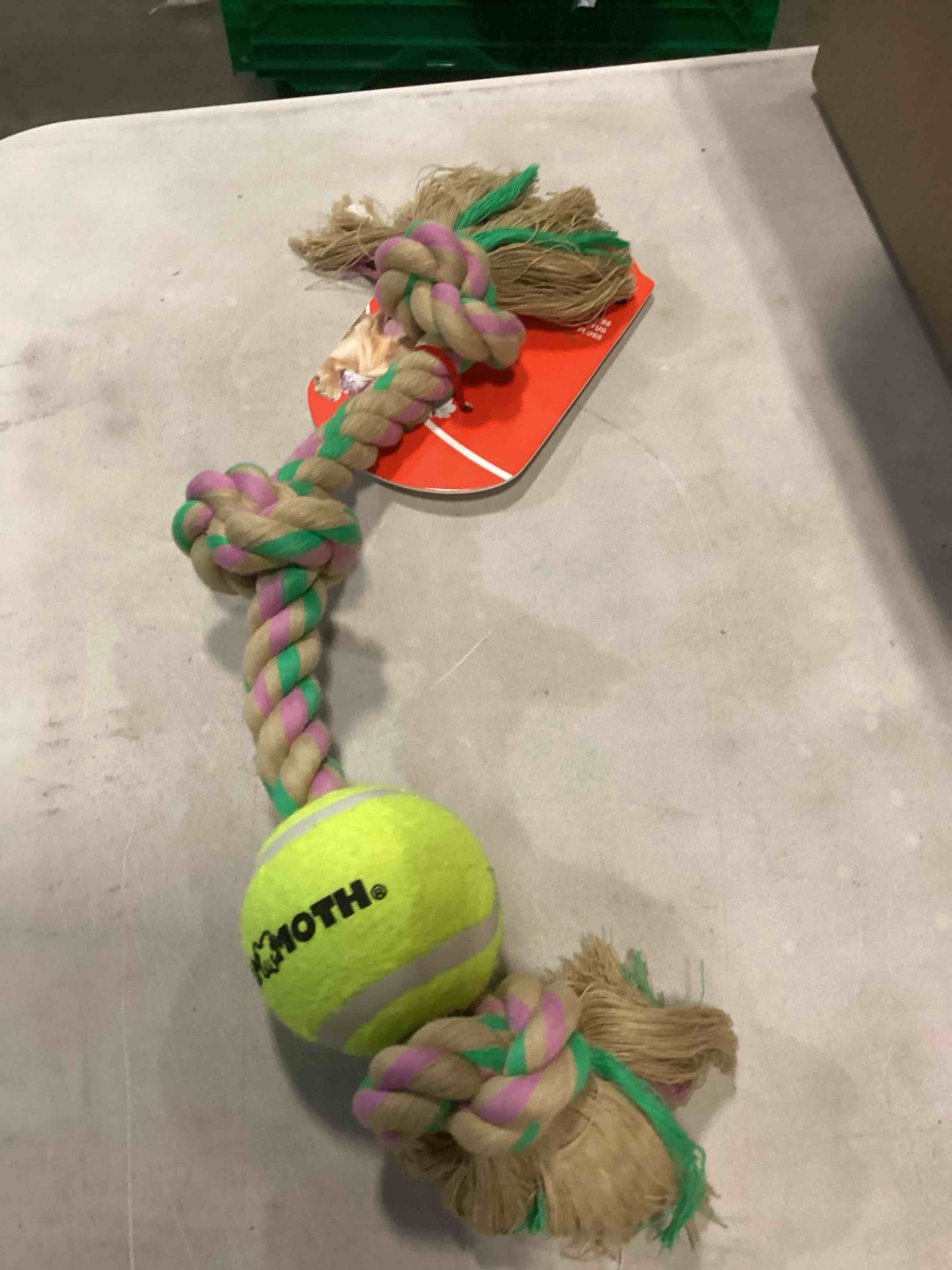 Condition photo showing New/Like New for Mammoth Flossy Chews Color 3 Knot Tug w/Standard Tennis Ball – Premium Cotton-Poly Tug Toy for Dogs, Interactive Rope Dog Toy for Medium Dogs - 20” , Multi color