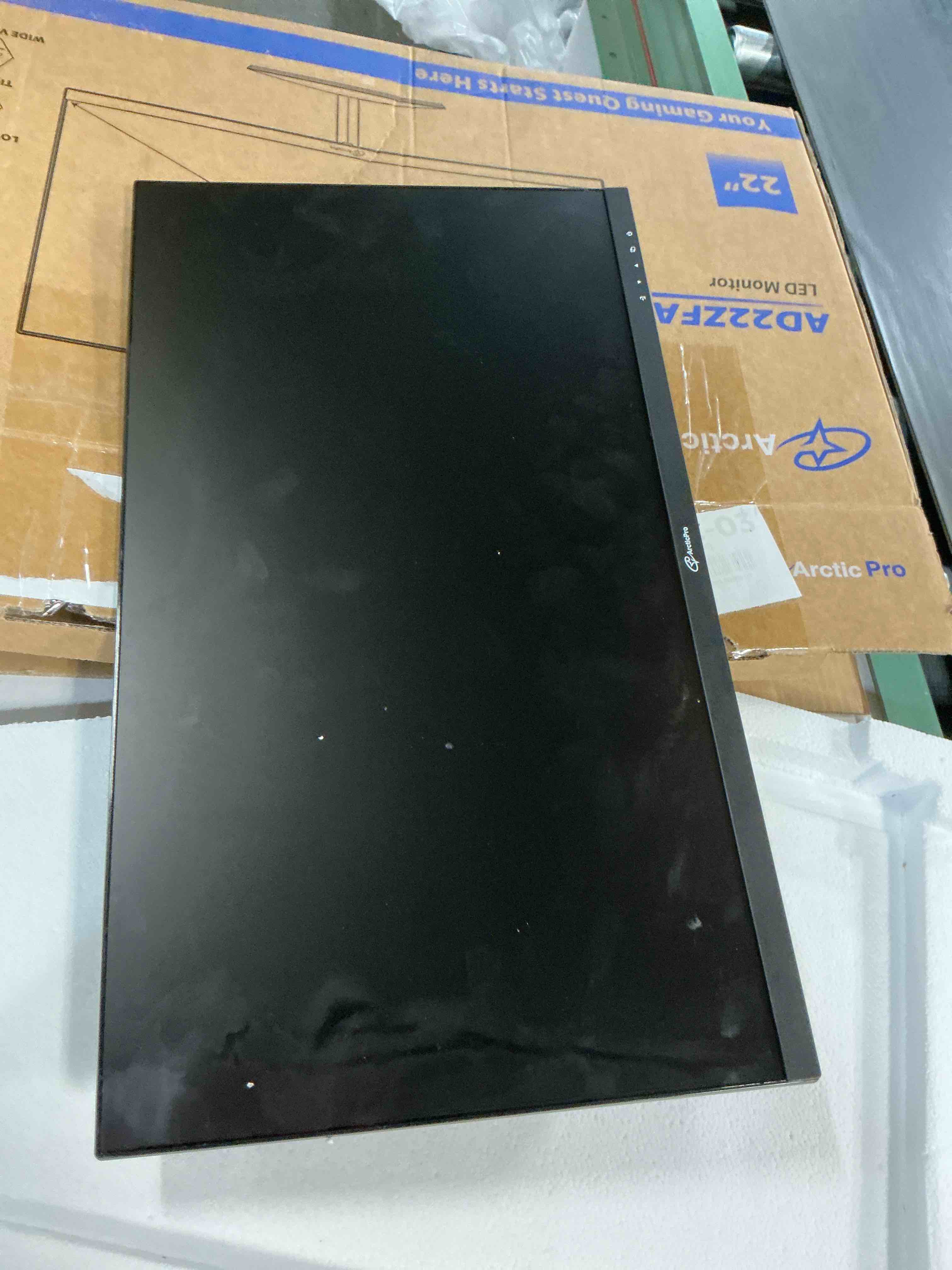 Condition photo showing As Is for arcticpro 22 inch 100hz monitor, full hd (1920 x 1080p) computer monitor, 105% srgb, 3000:1 contrast, 3-sided frameless, ultra slim, vesa, lowblue mode, tilt adjust, hdmi *1, vga*1 22 inch 22" 100hz fhd