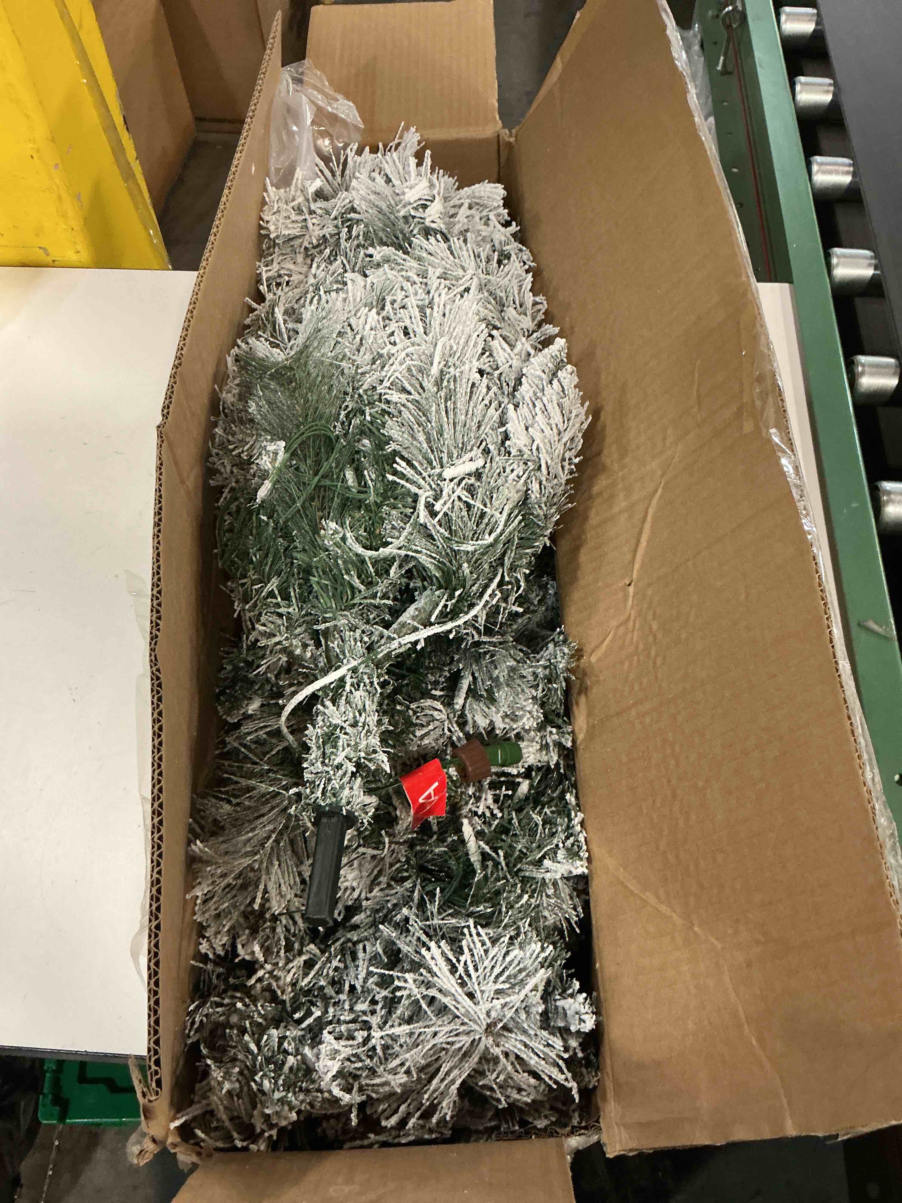 Condition photo showing As Is for Yaheetech 9ft Pre-lit Artificial Christmas Tree with Incandescent Warm White Lights, Snow Flocked Full Prelighted Xmas Tree with 2084 Branch Tips, 900 Incandescent Lights & Foldable Stand, White