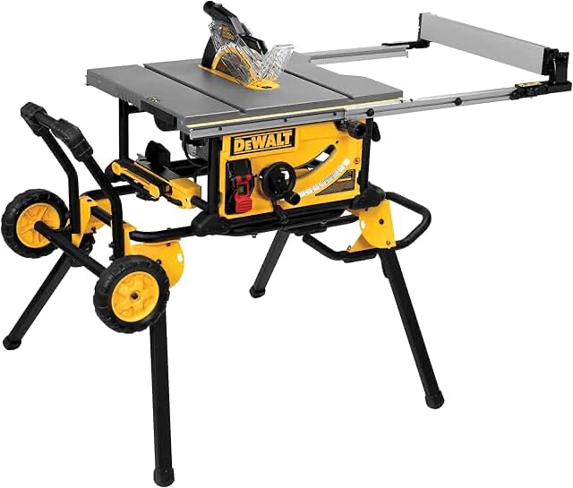 dewalt table saw 10 inch with foldable rolling table saw stand, 15 amp, 4800 rpm, 32-1/2-inch rip capacity (dwe7491rs)
