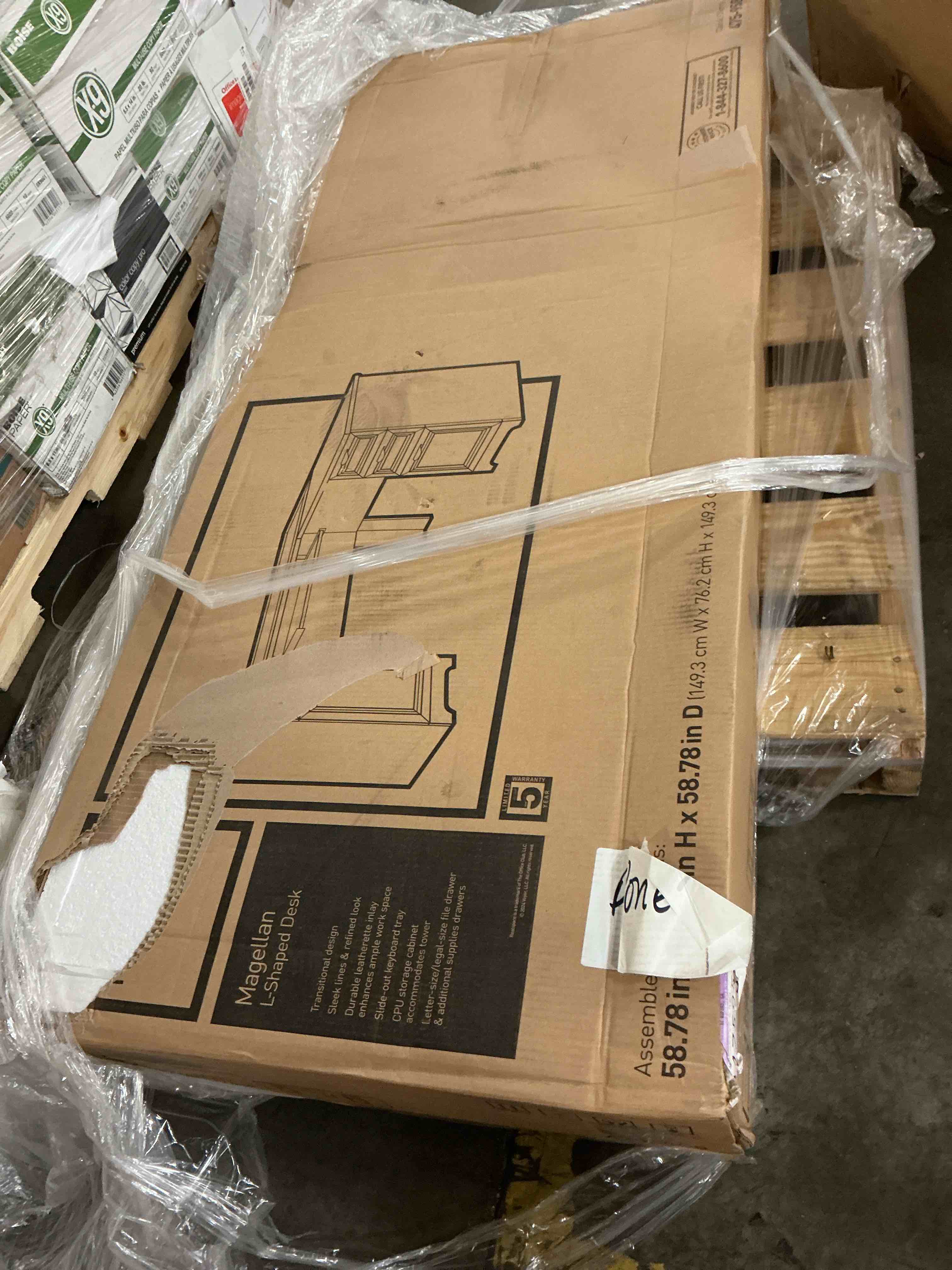 Condition photo showing New/Like New for realspace® magellan 59"w l-shape corner computer desk, classic cherry
