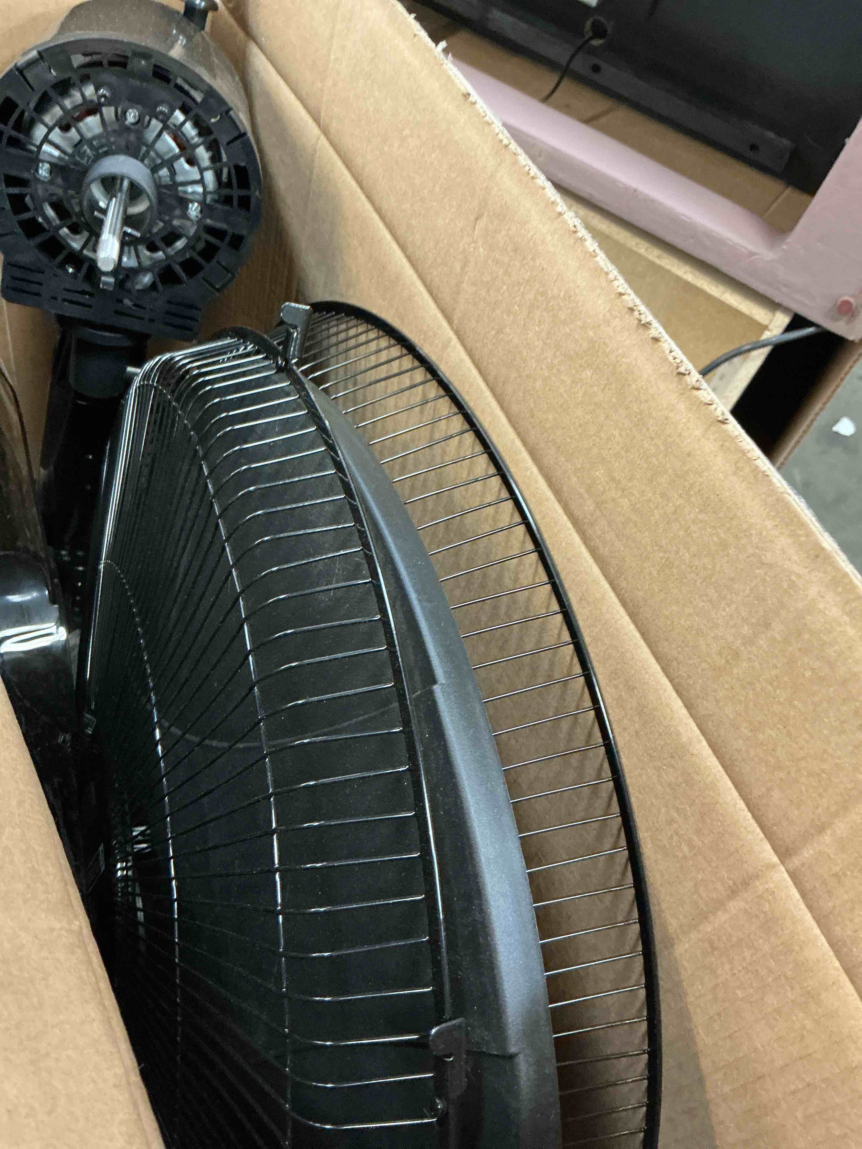 Condition photo showing As Is for utilitech 18-in indoor oscillating pedestal fan, in black with remote 4872528