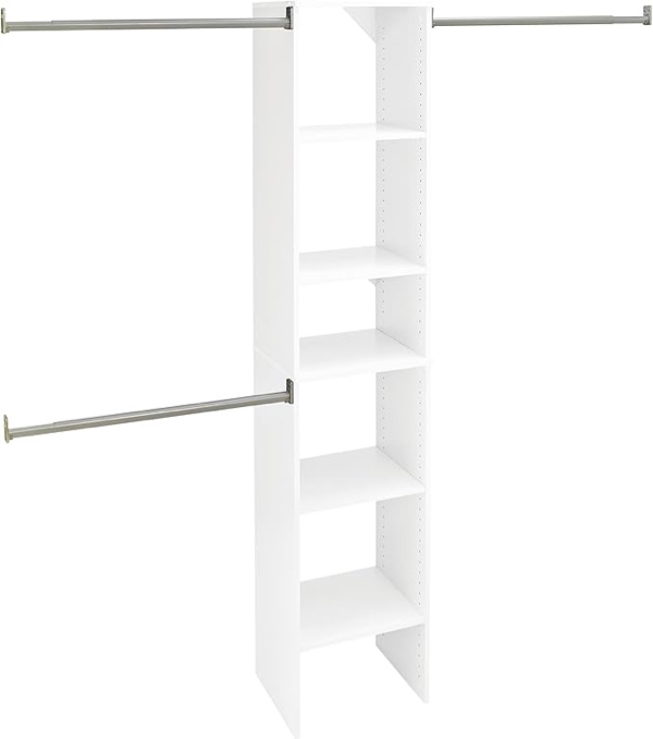 closetmaid suitesymphony small closet organizer starter kit with tower and 3 hang rods, shelves, adjustable, customizable wardrobe organizer system, reach-in or walk-in closets, pure white 075381054416