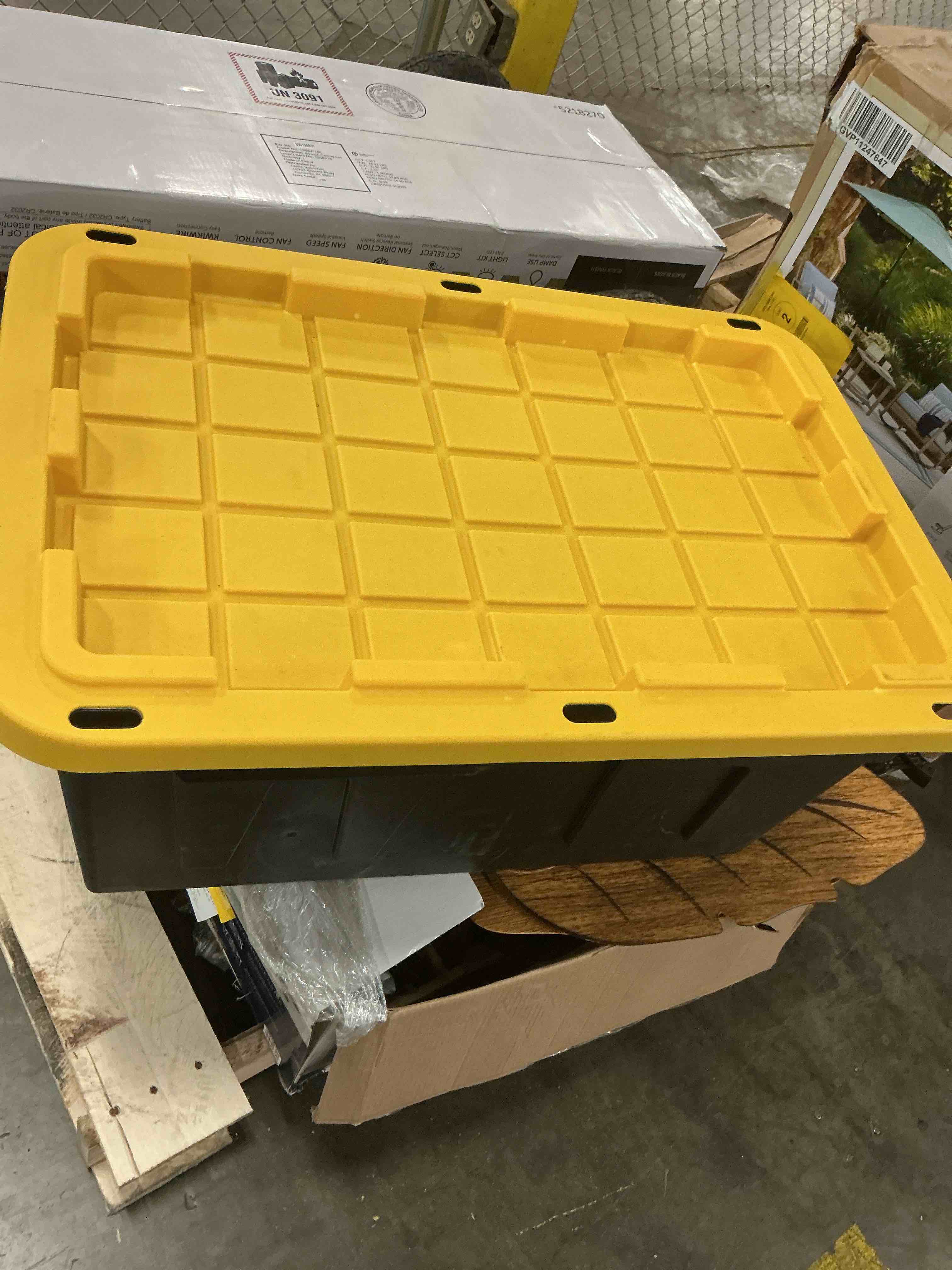 Condition photo showing As Is for centrex plastics, llc commander 27-gallon tote with standard snap lid
