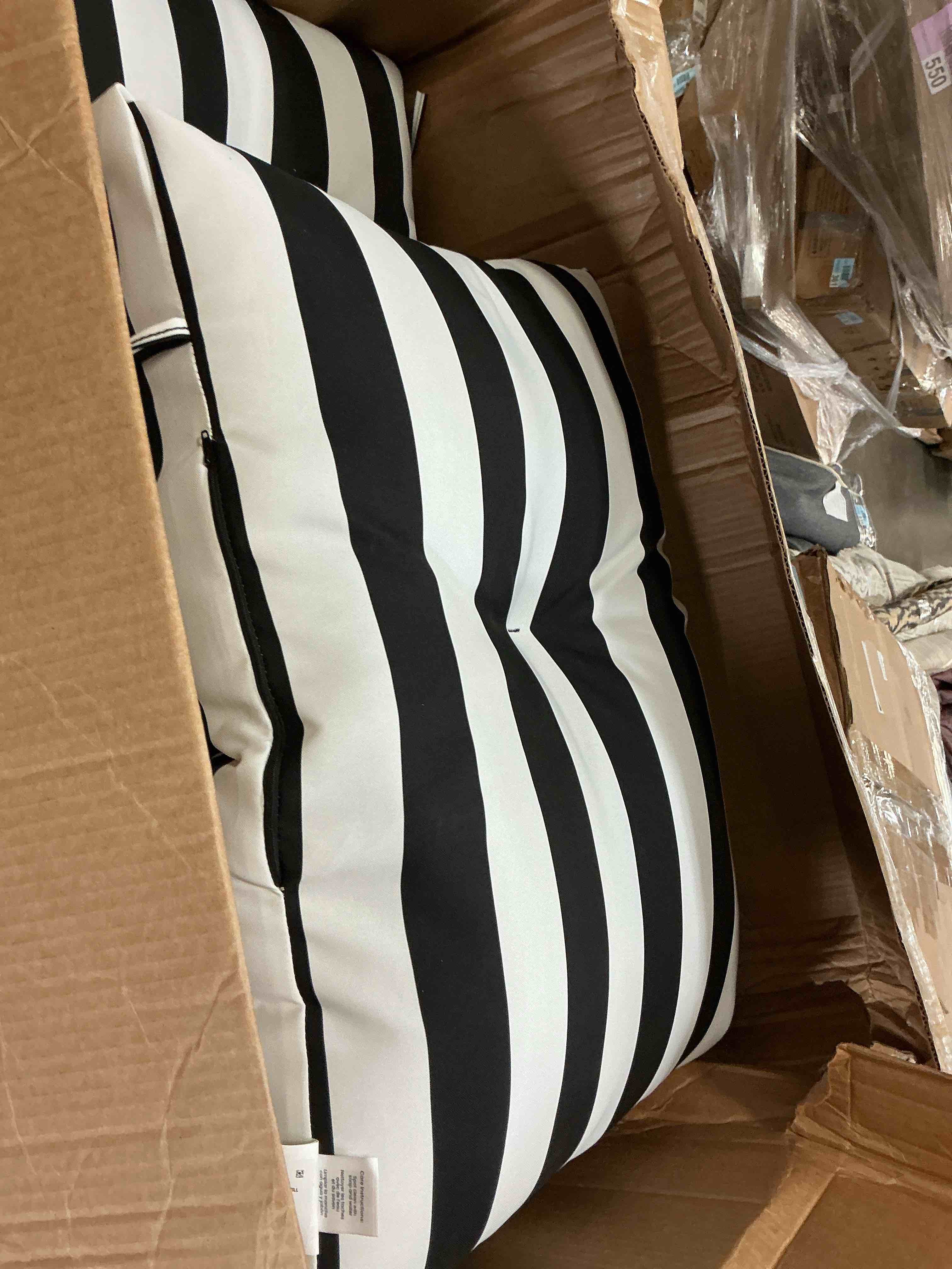 Condition photo showing Good Condition for outdoor plush modern tufted chaise cushion, rain-proof, tufted cushion for chaise lounger black cabana stripe