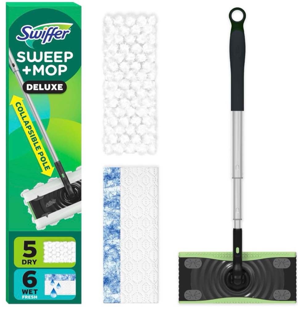 swiffer sweep & mop deluxe 2-in-1 multi-surface kit for floor cleaning, includes 1 sweeper device, 5 dry sweeping + 6 wet mopping heavy duty cloths, black