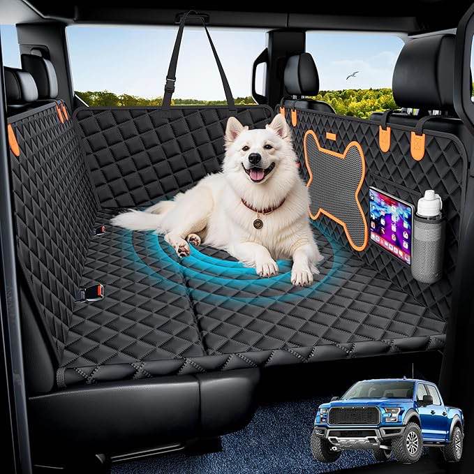 truck dog seat cover for back seat, hard bottom dog hammock support to 450 lbs, waterproof & scratch-proof pet bed extender for full size crew cab truck suvs f150/ram1500/silverado, black