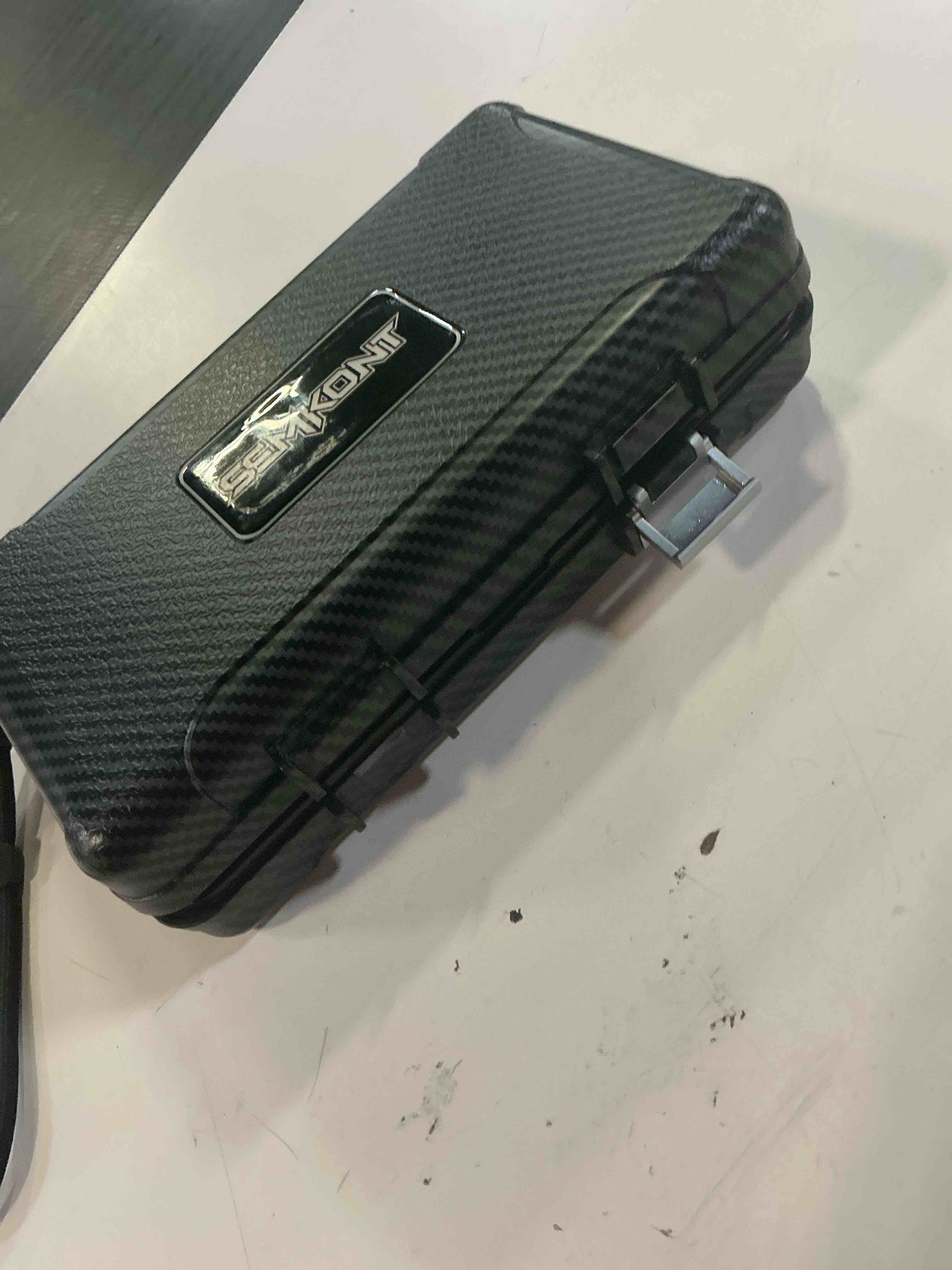 Condition photo showing As Is for cigar humidor, portable travel cigar box, double cigar humidor with separate storage for cigar accessories, cigar travel case with cigar lighter(no butane), holds 5 cigars (carbon fiber)