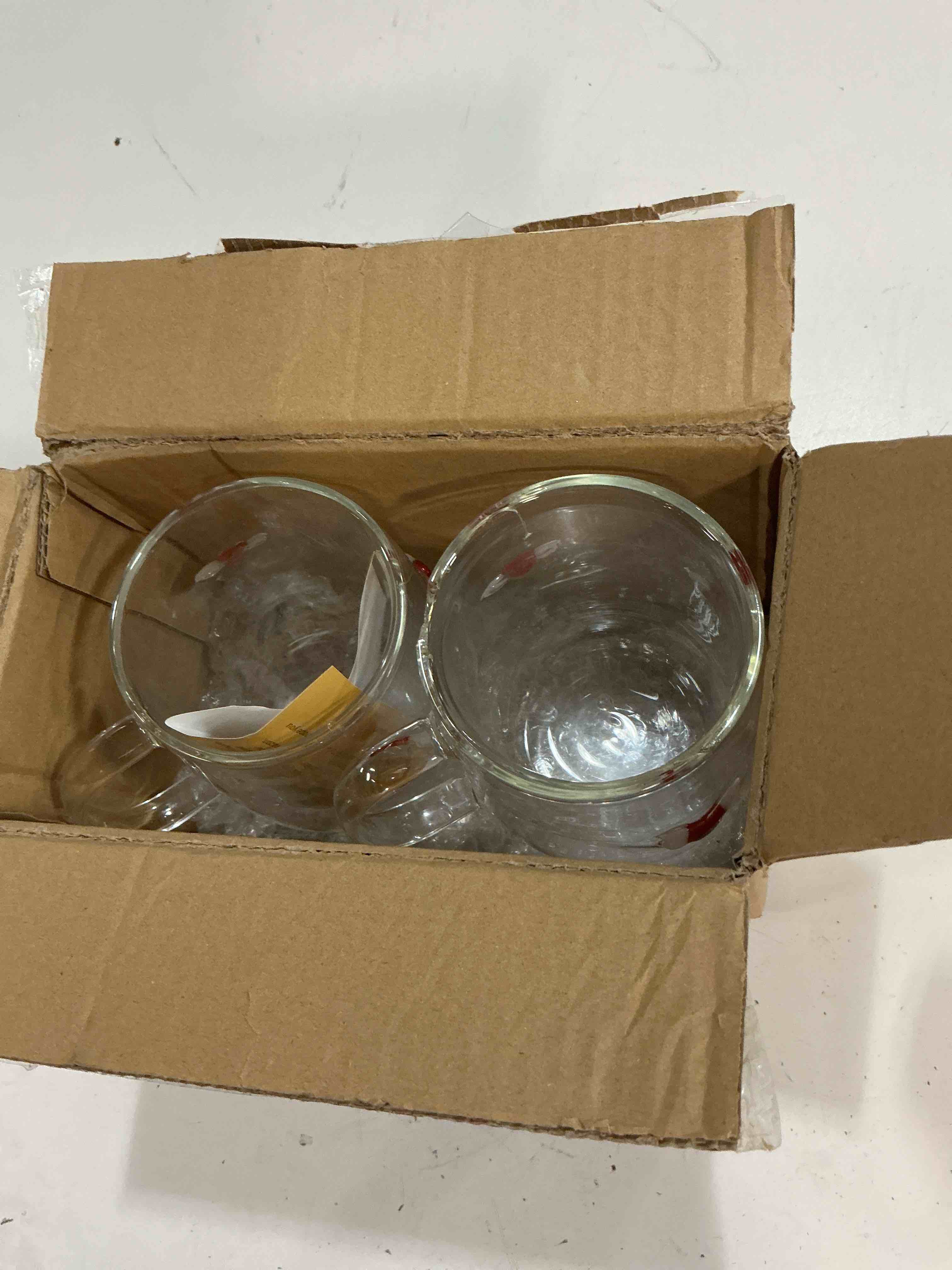 Condition photo showing As Is for glass coffee mugs, 20 oz ice coffee cups, large clear tea cups set of 2, glass mugs with handles, glass cups for latte, cappuccino, and tea 20 oz 2