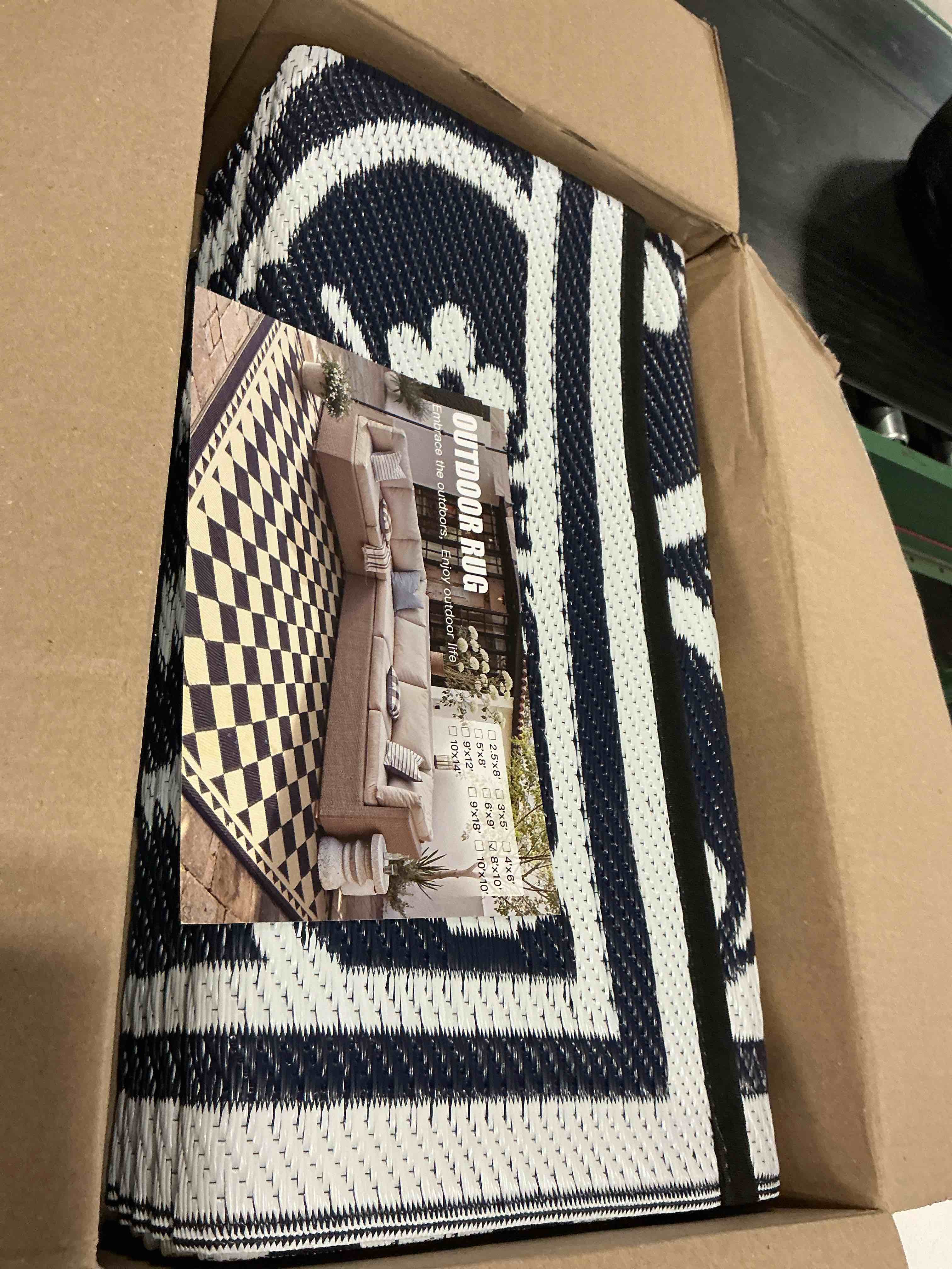 Condition photo showing As Is for sarben outdoor rug, waterproof plastic rugs for patio, 8'x10'