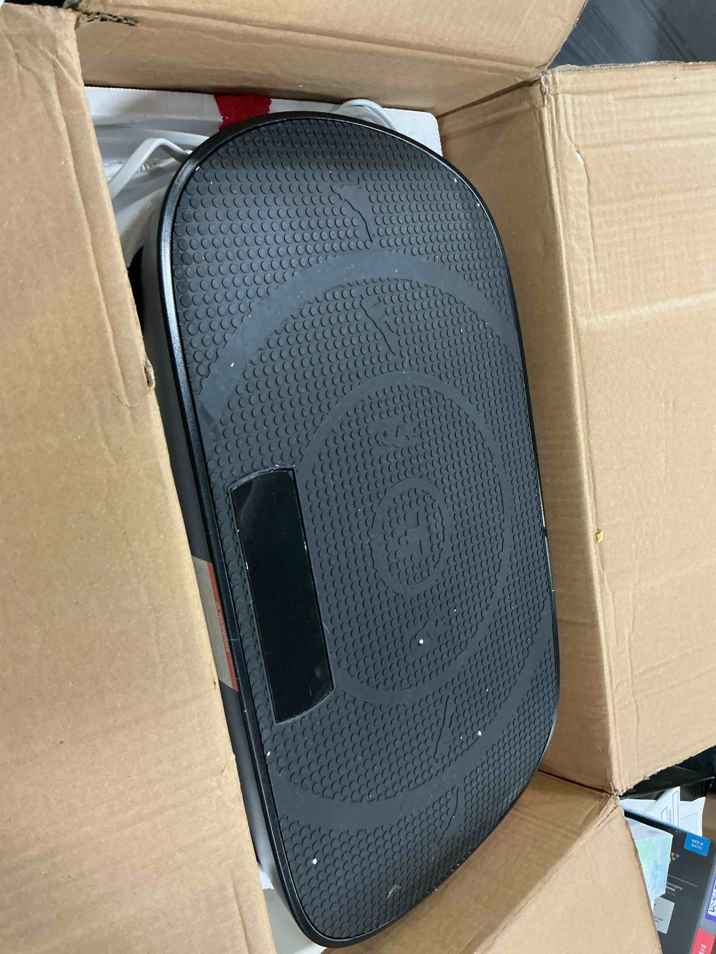 Condition photo showing As Is for merach vibration plate exercise machine, curved vibration plate for lymphatic drainage weight loss, vibrating plate with real-time calorie tracking on led display, workout equipment for home women men black