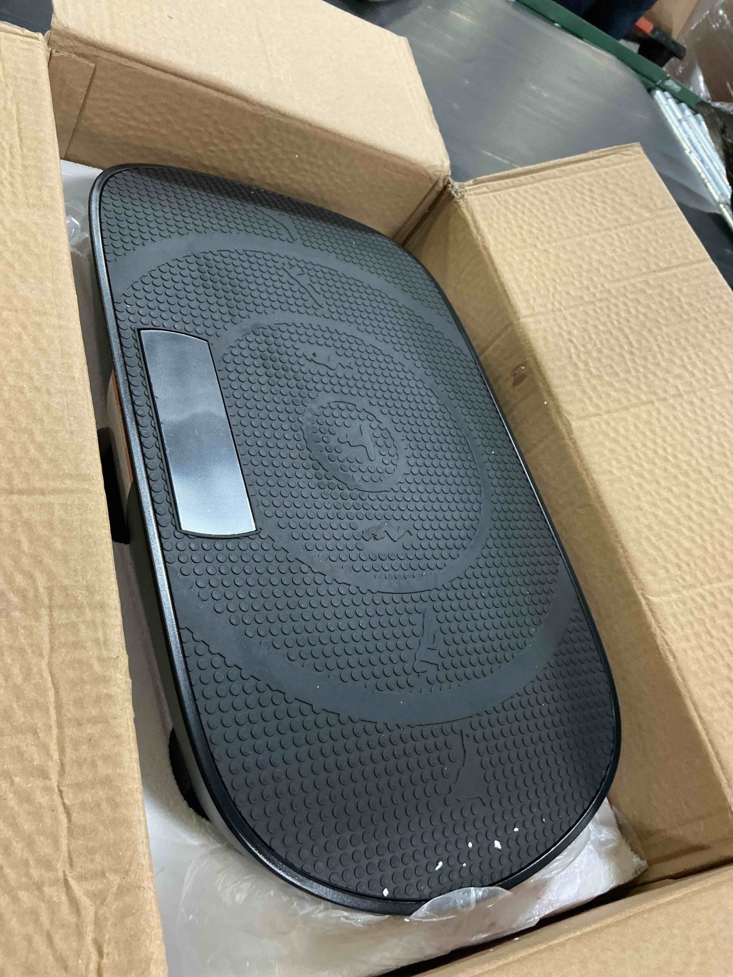Condition photo showing As Is for merach vibration plate exercise machine, curved vibration plate for lymphatic drainage weight loss, vibrating plate with real-time calorie tracking on led display, workout equipment for home women men black