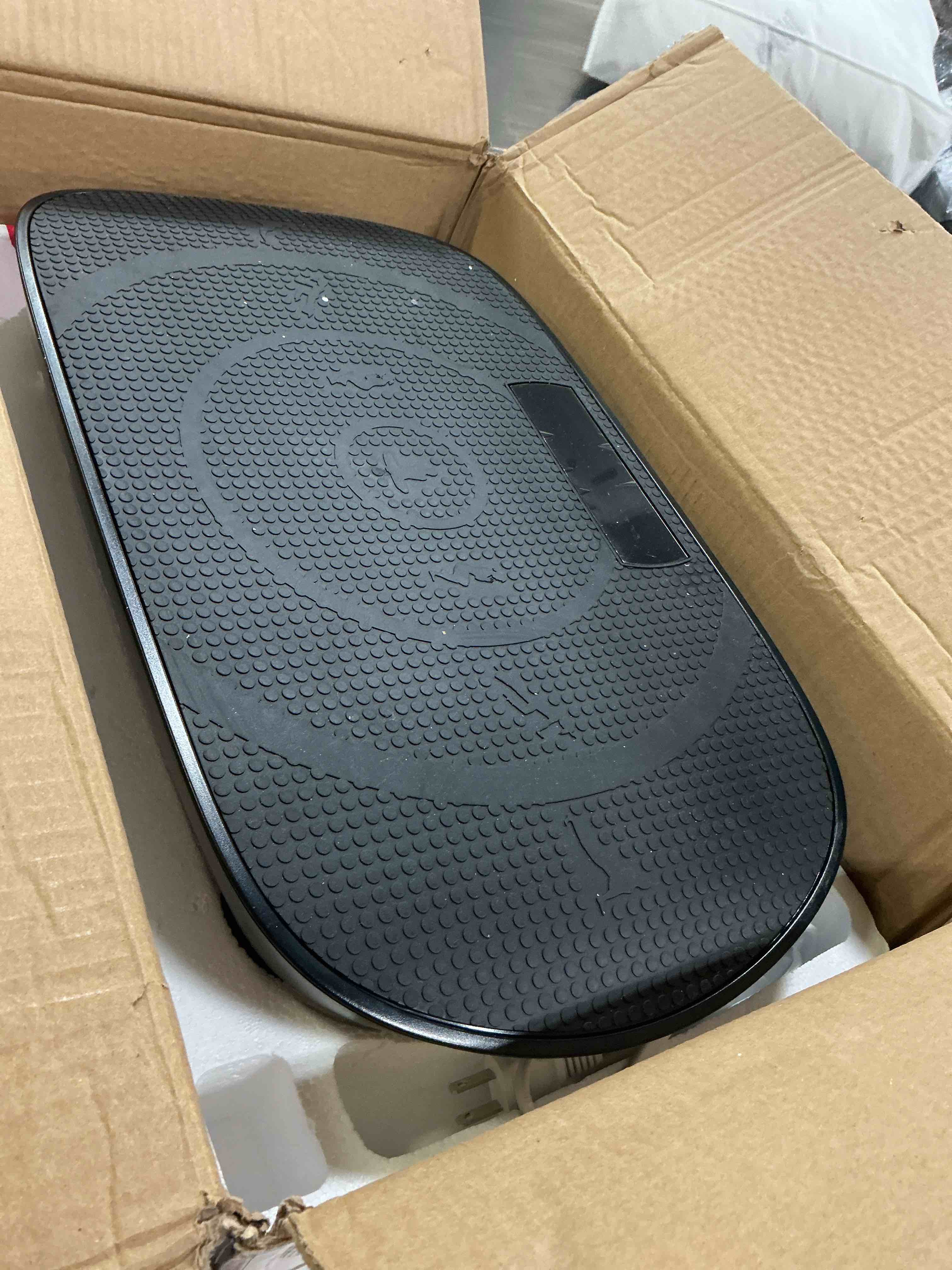 Condition photo showing As Is for merach vibration plate exercise machine, curved vibration plate for lymphatic drainage weight loss, vibrating plate with real-time calorie tracking on led display, workout equipment for home women men black