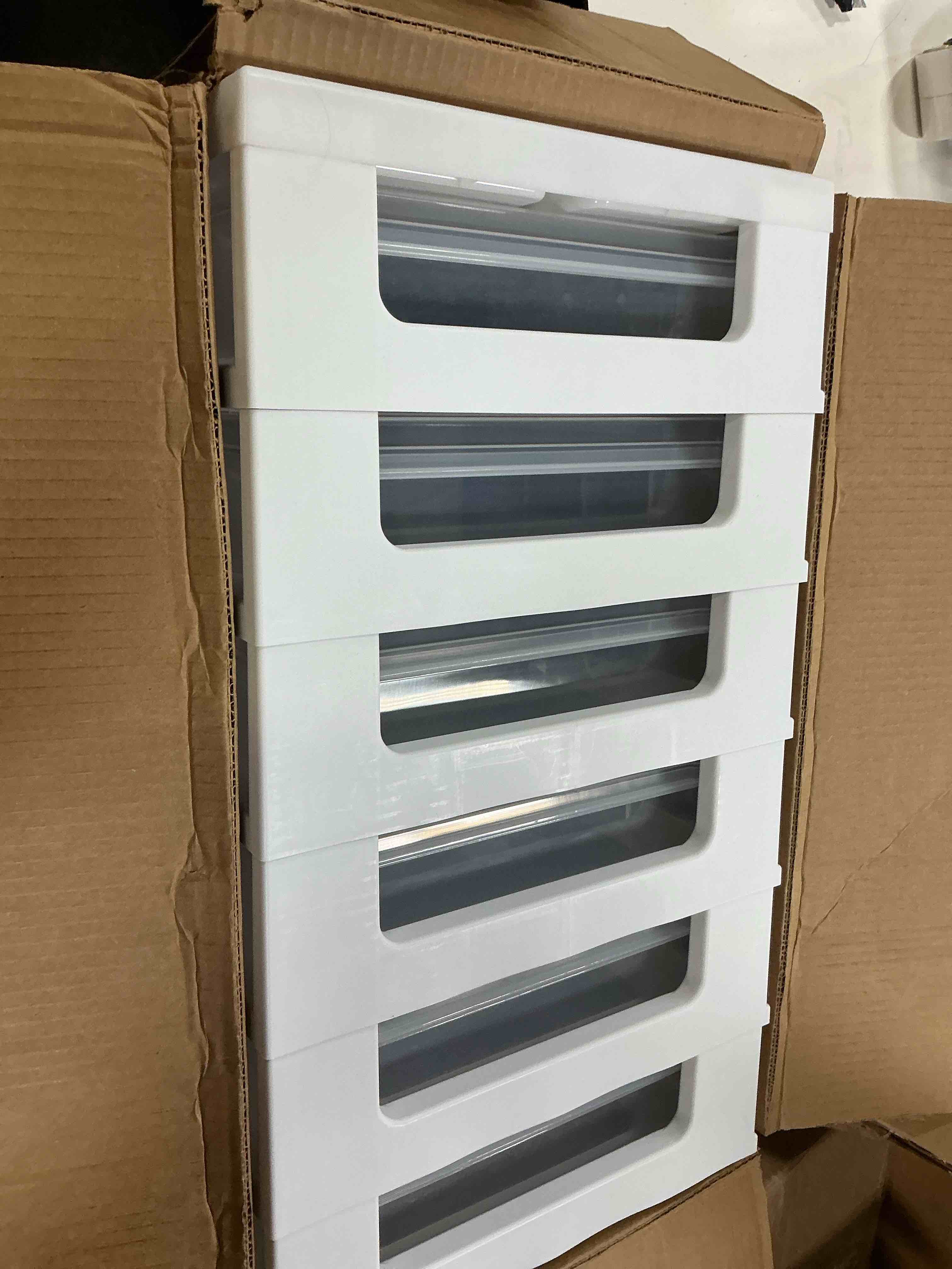 Condition photo showing As Is for novelinks rolling storage cart, 6-tier, for 12" x 12" paper & scrapbook supplies—white, 6 clear cases & built-in handles, holds yarn, vinyl, stationery, art, craft, and office tools