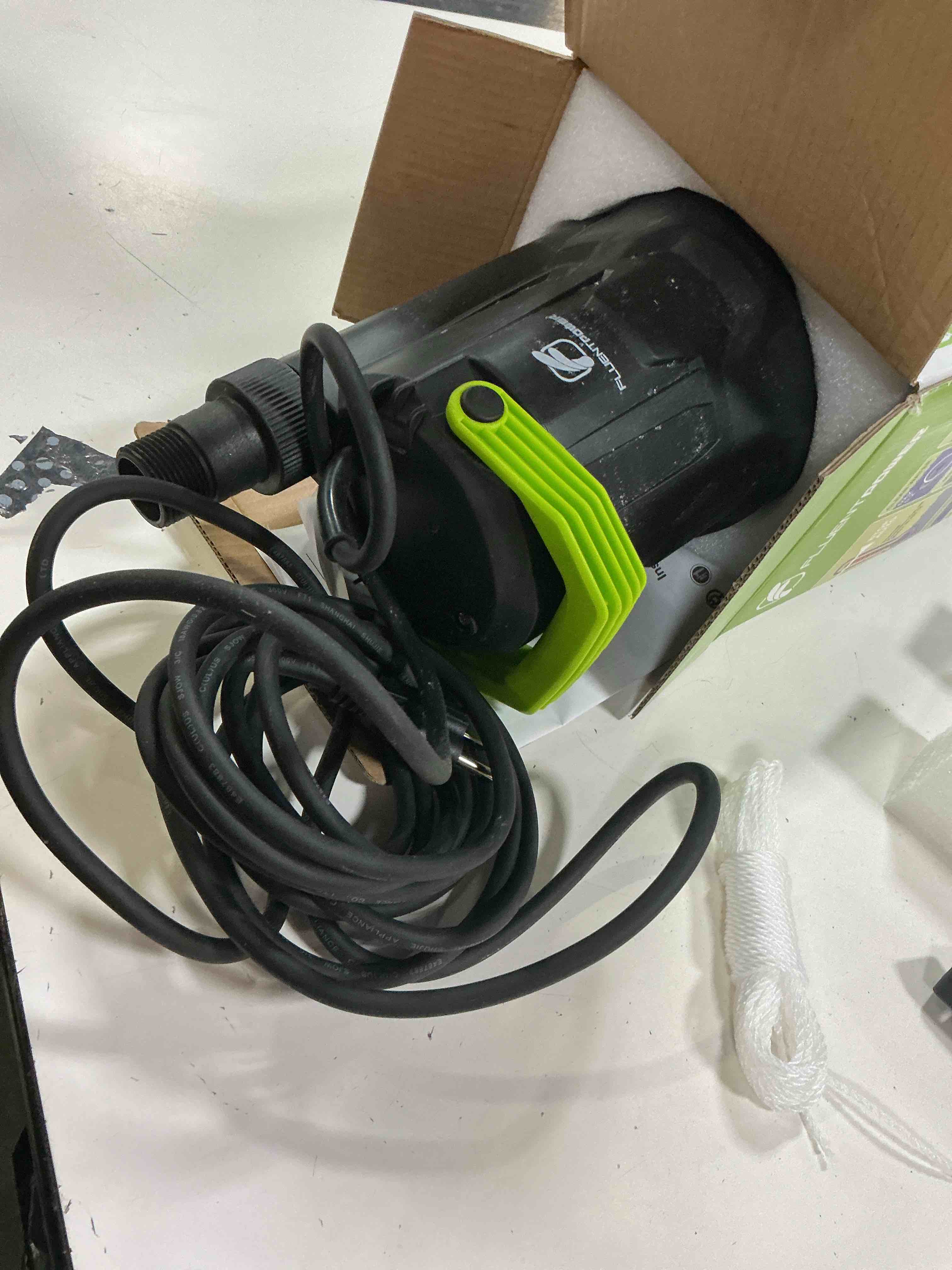 Condition photo showing As Is for sump pump, 1/2hp submersible water pump, 2500gph utility pump manual control for swimming pool garden pond basement draining, with 16.4ft cord, adapters, check valve and rope