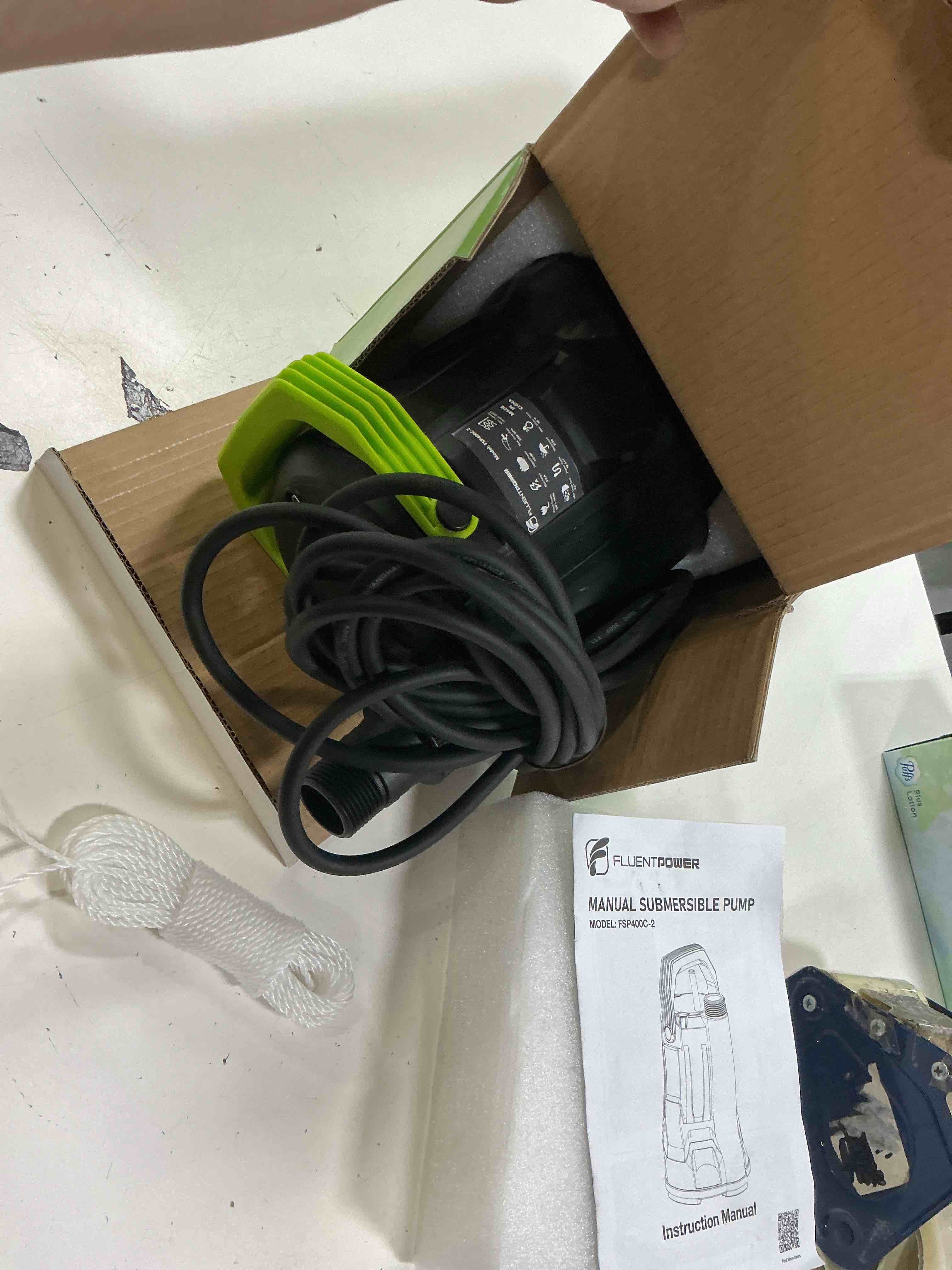 Condition photo showing Good Condition for sump pump, 1/2hp submersible water pump, 2500gph utility pump manual control for swimming pool garden pond basement draining, with 16.4ft cord, adapters, check valve and rope