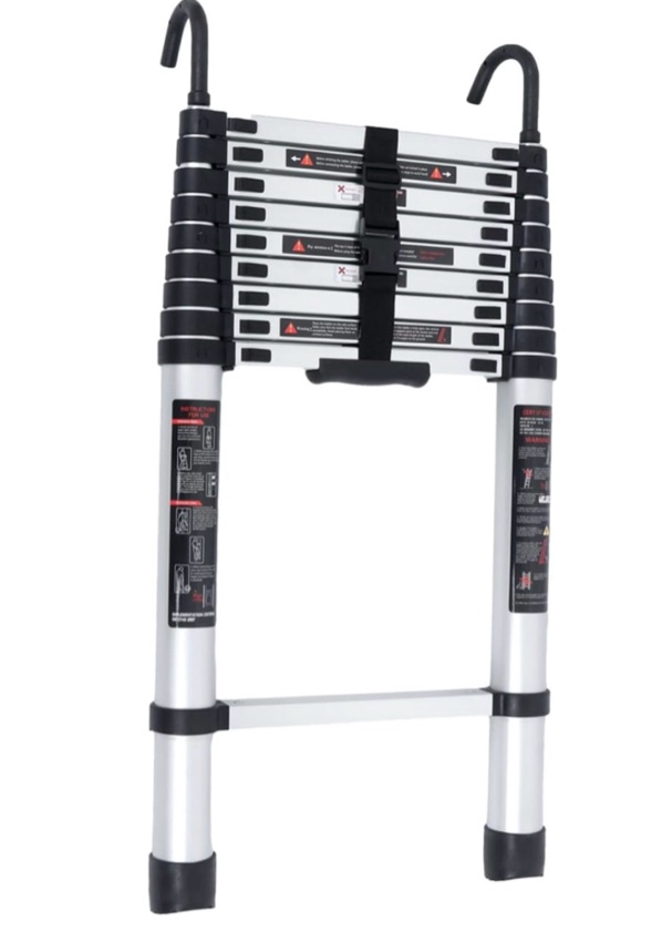 Condition photo showing New/Like New for 3.8m 12.5ft silver telescoping ladder aluminum portable extension ladder with hooks stabilizers and wheels for outdoor and daily household cleaning