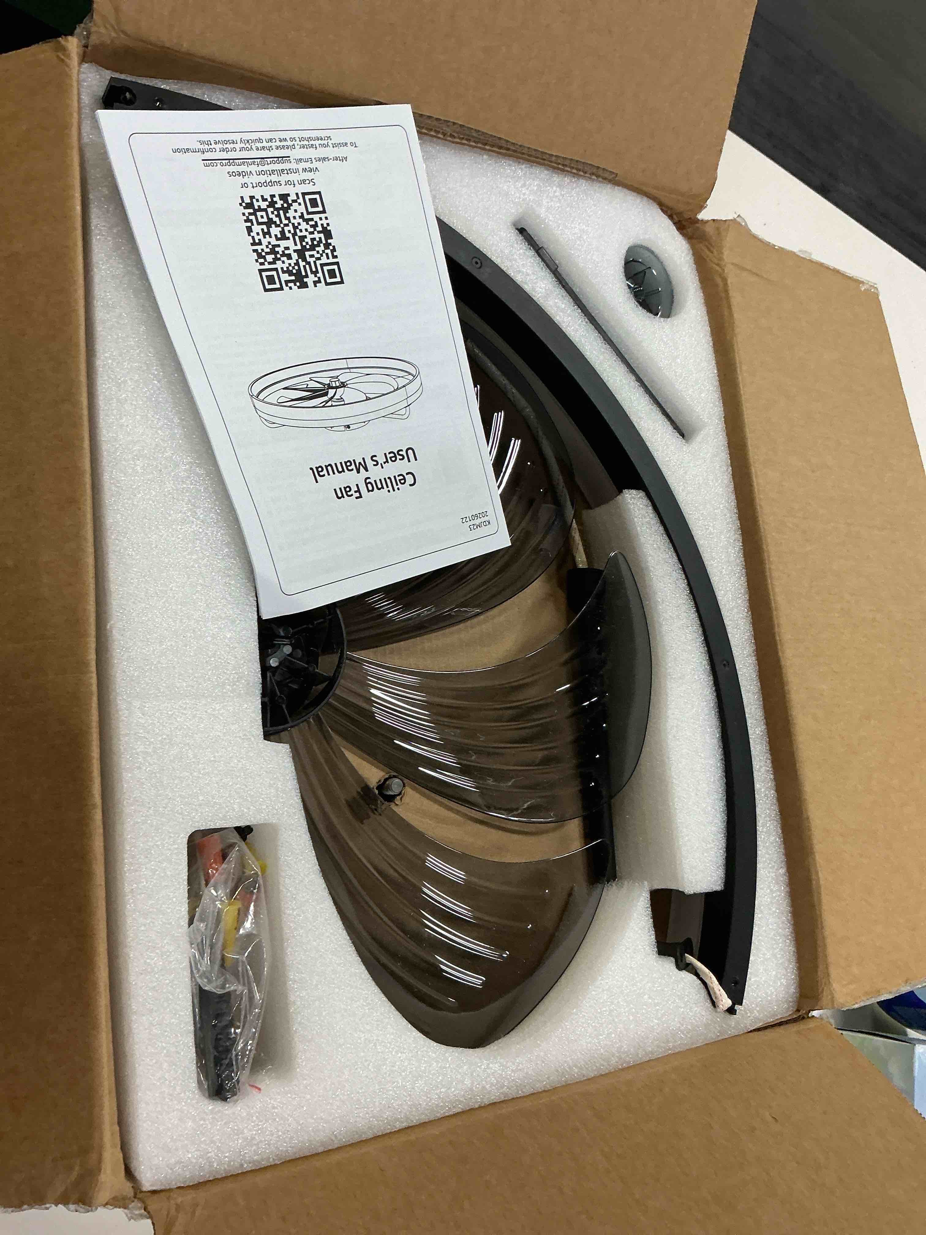 Condition photo showing Good Condition for ceiling fans with lights and remote, 20'' low profile fan flush mount, app control, 6 speed, 3cct, quiet reversible dc motor, dimmable modern light for bedroom, black