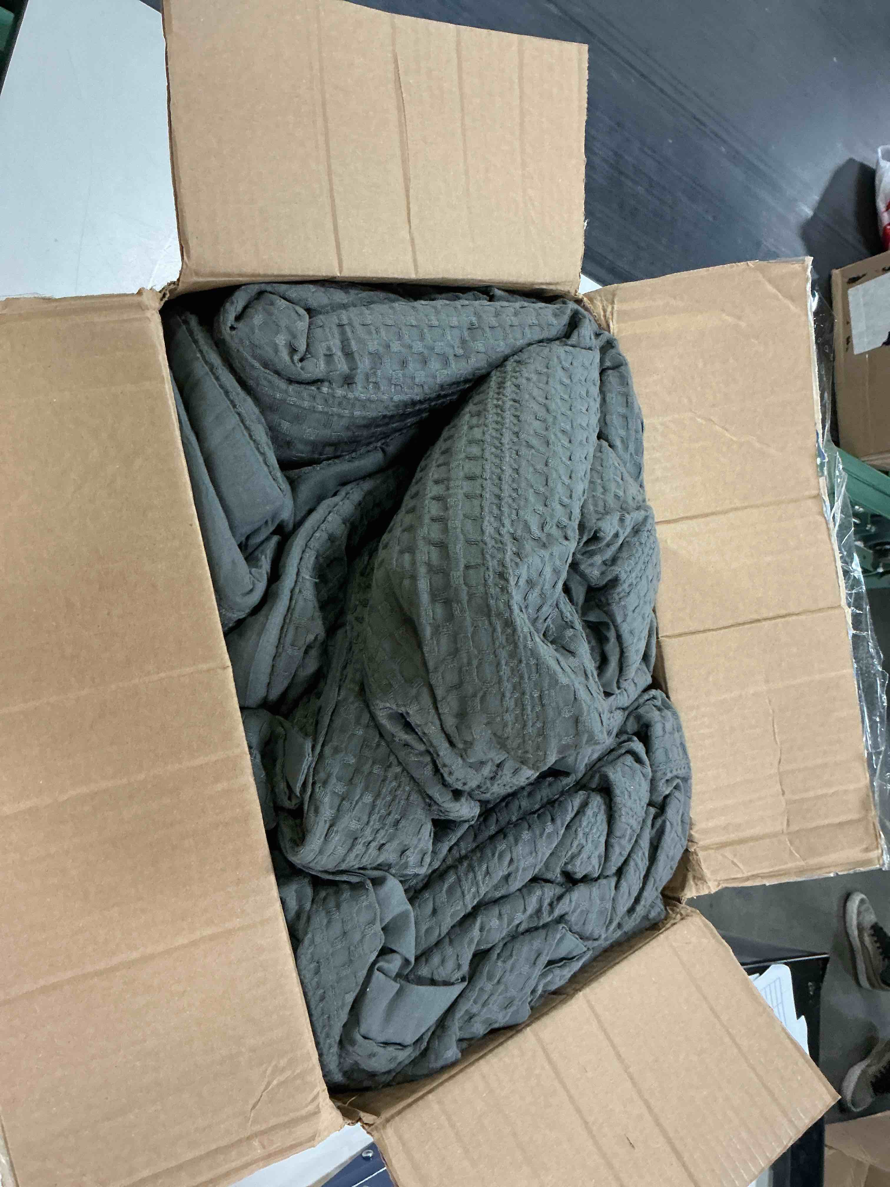 Condition photo showing As Is for grey waffle stitch blanket, queen/full