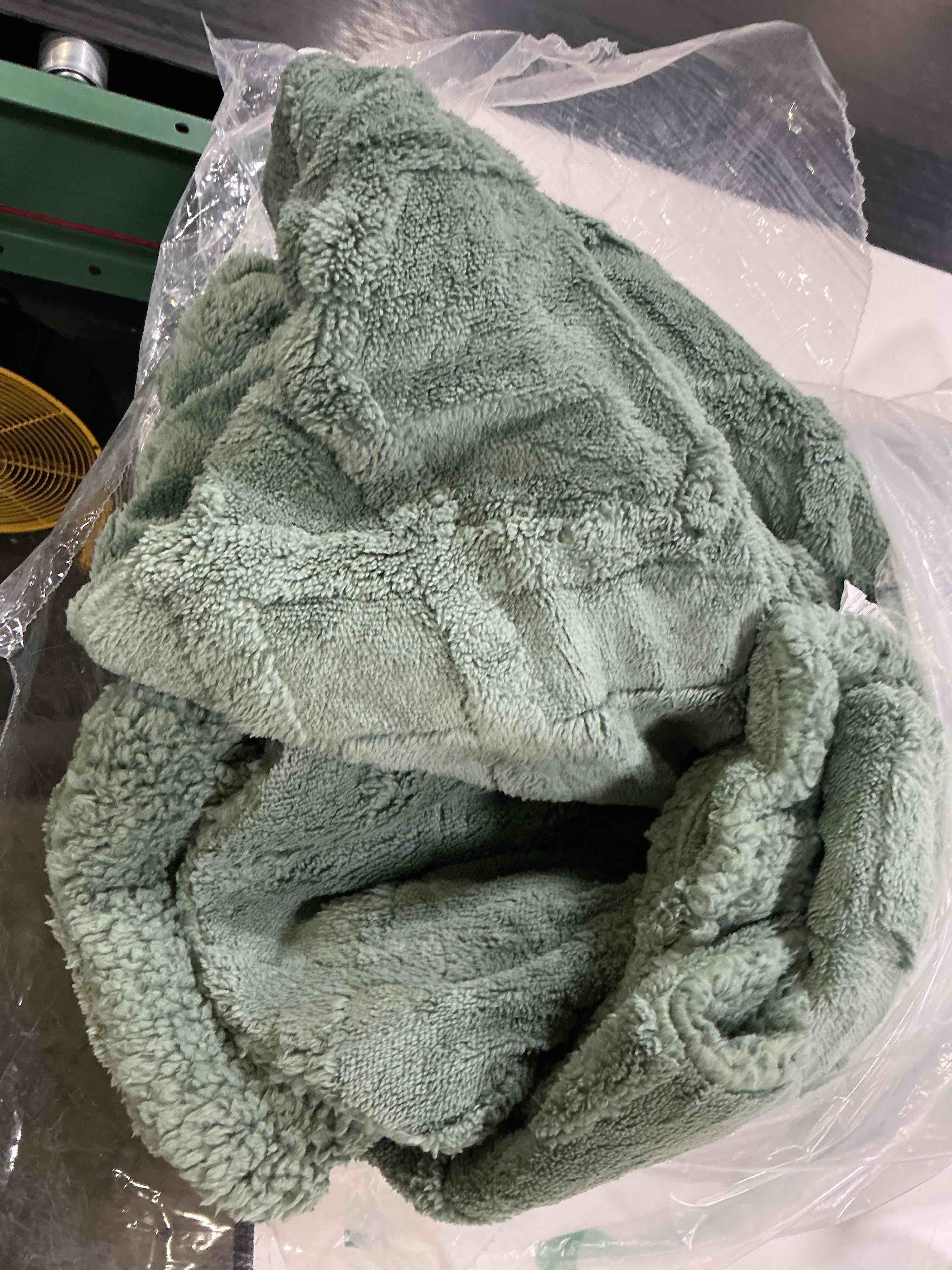Condition photo showing As Is for jacquard reversible sherpa throw blanket, 50" x 60, green