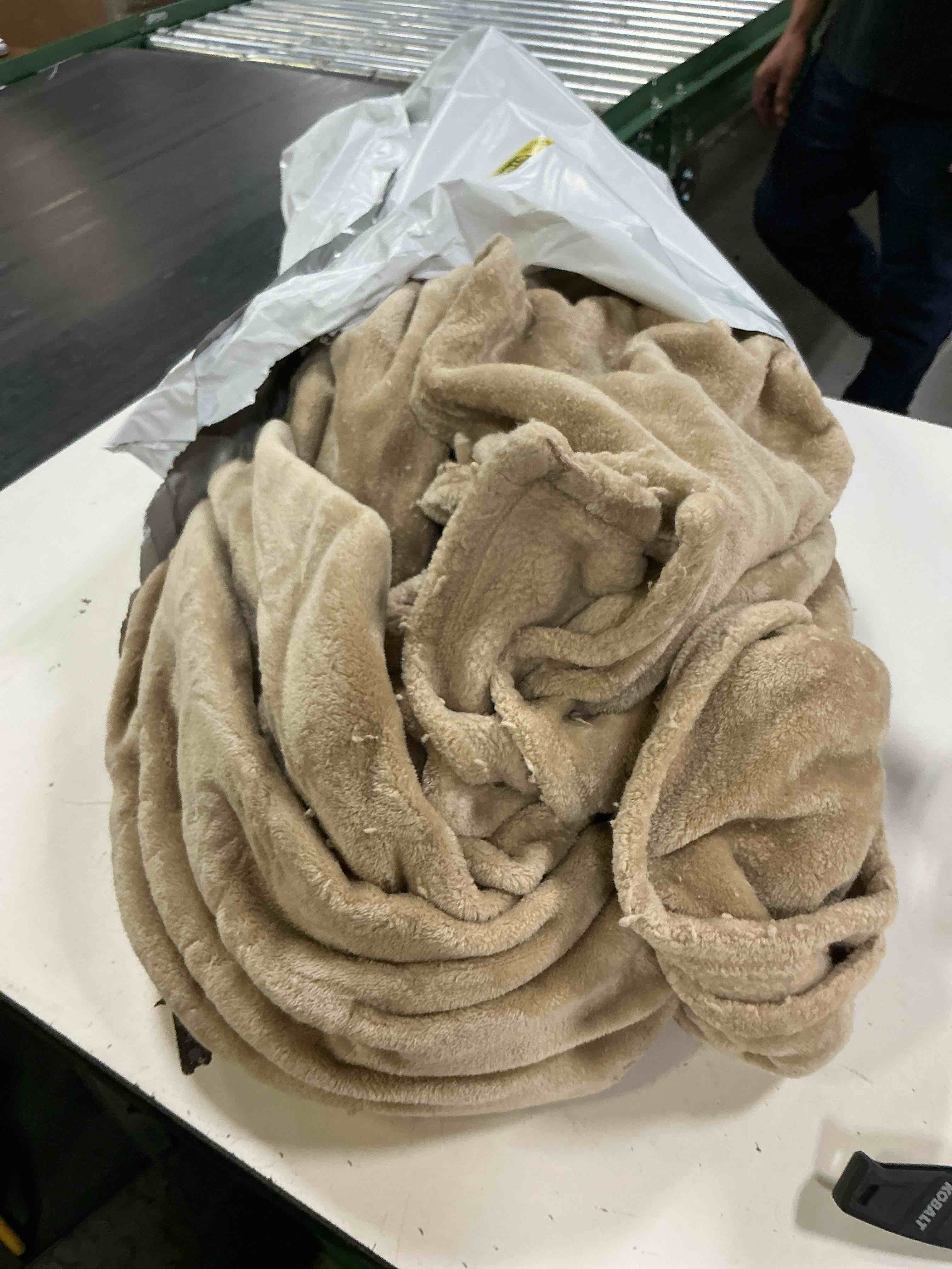 Condition photo showing As Is for beige polyester blanket, full