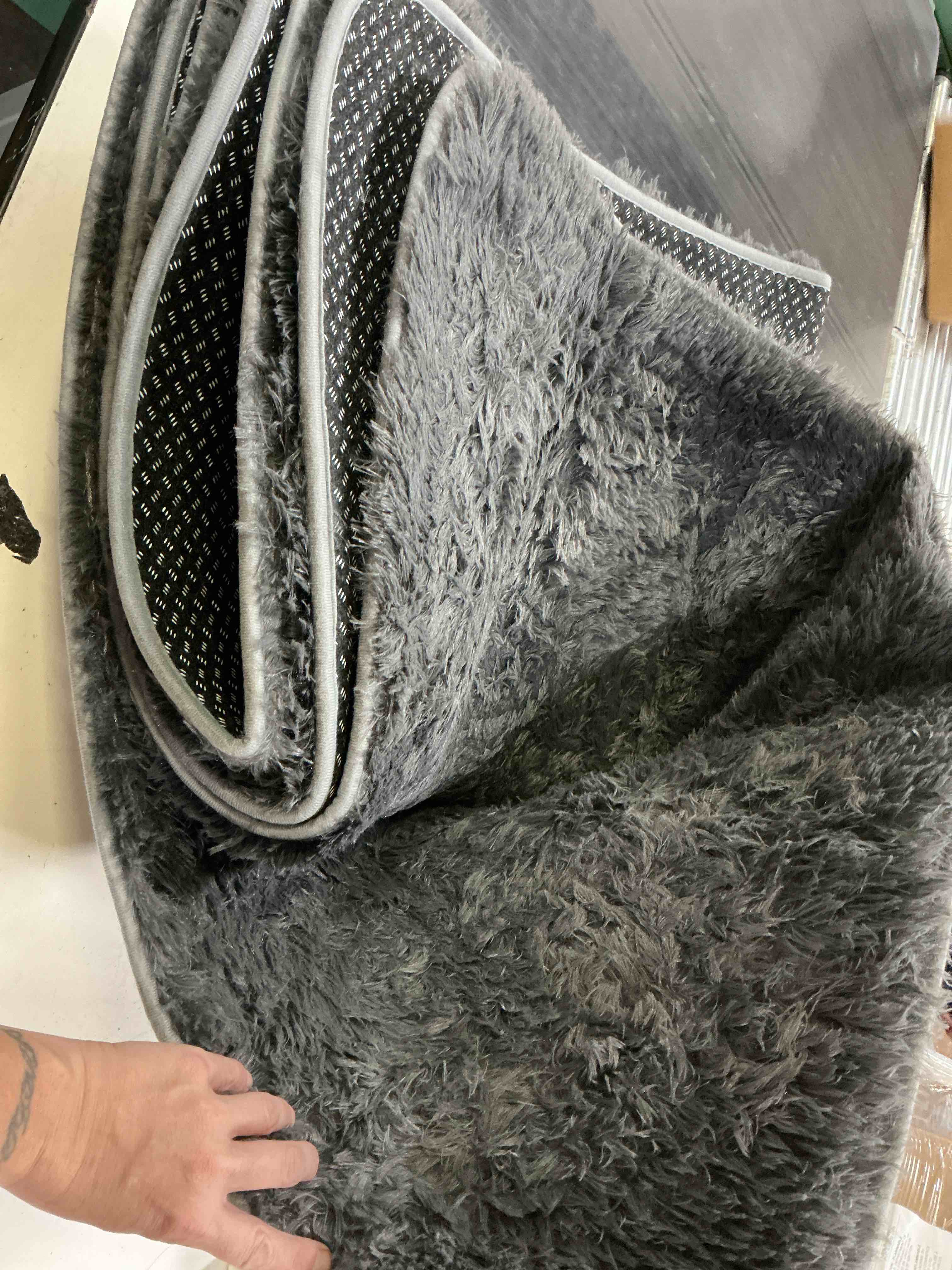 Condition photo showing As Is for grey soft shag rug, medium