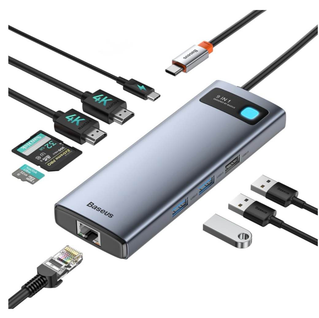baseus laptop docking station dual monitor 9 in 1 usb c hub up to 4k@120hz | 2 hdmi, 1000mbps lan, max 85w pd, 3 usb, sd card reader, usb c dock compatible with iphone/mac/dell/hp/surface/steam deck