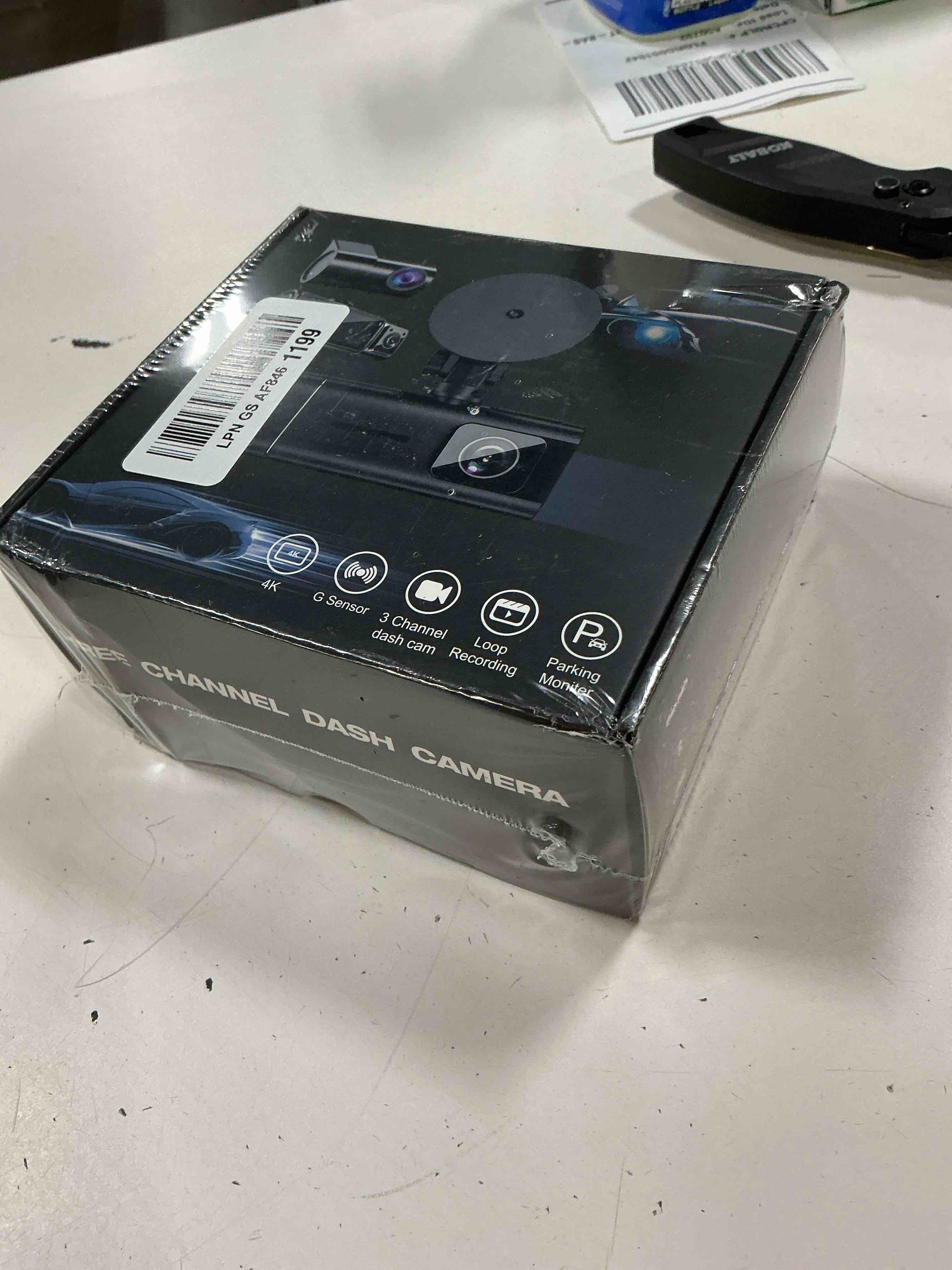 Condition photo showing New/Like New for 4k 3 channel dash cam front and rear inside 64gb card