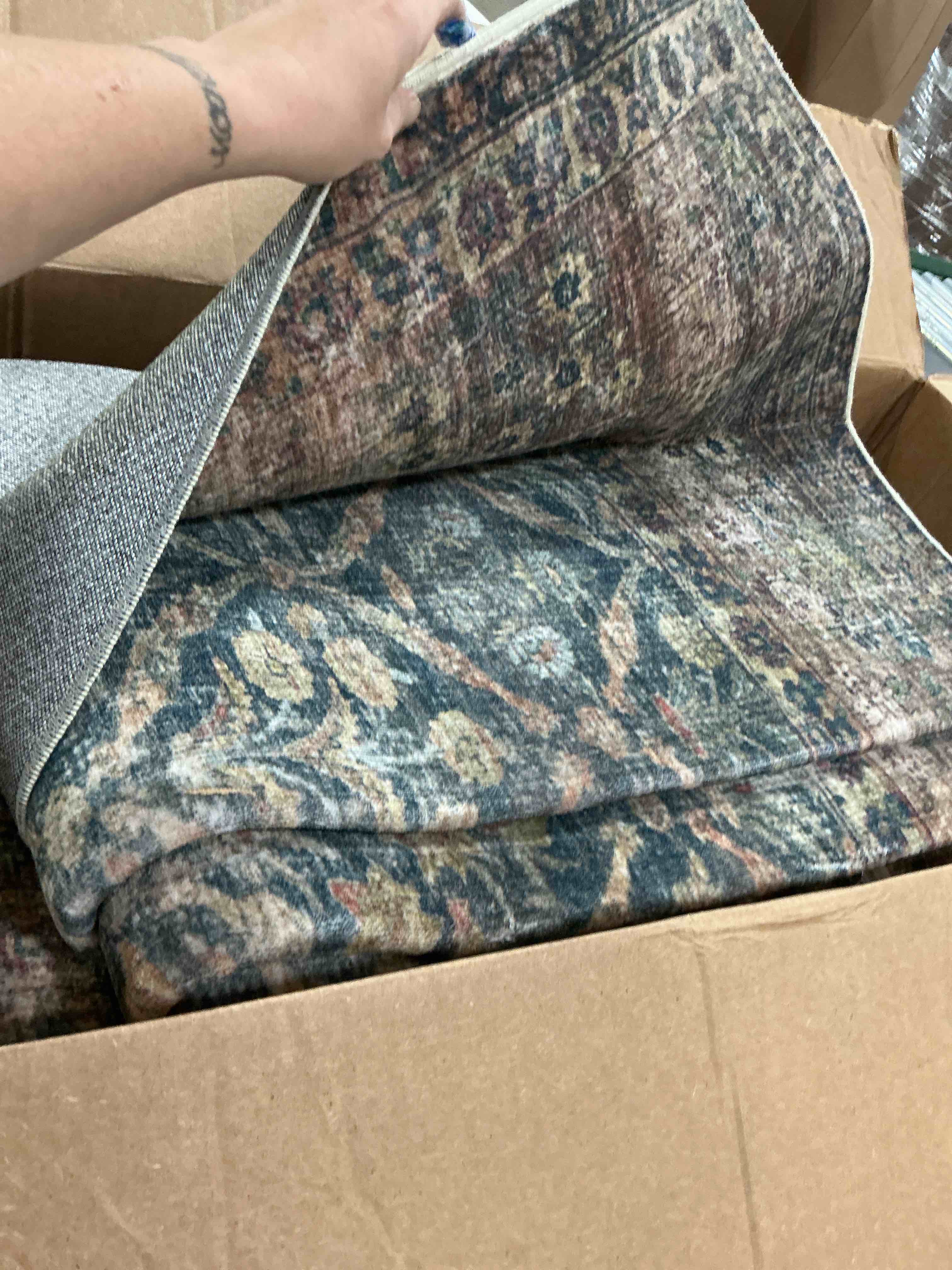 Condition photo showing As Is for green brown vintage rug, large