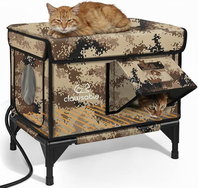 Indestructible Heated Cat House for Outside Winter, 100% Waterproof, Safe Escape Door, Insulated Outdoor Cat Shelter with Heater for Feral Barn Cat Kitty (Desert Camouflage, 13"x17"x18"