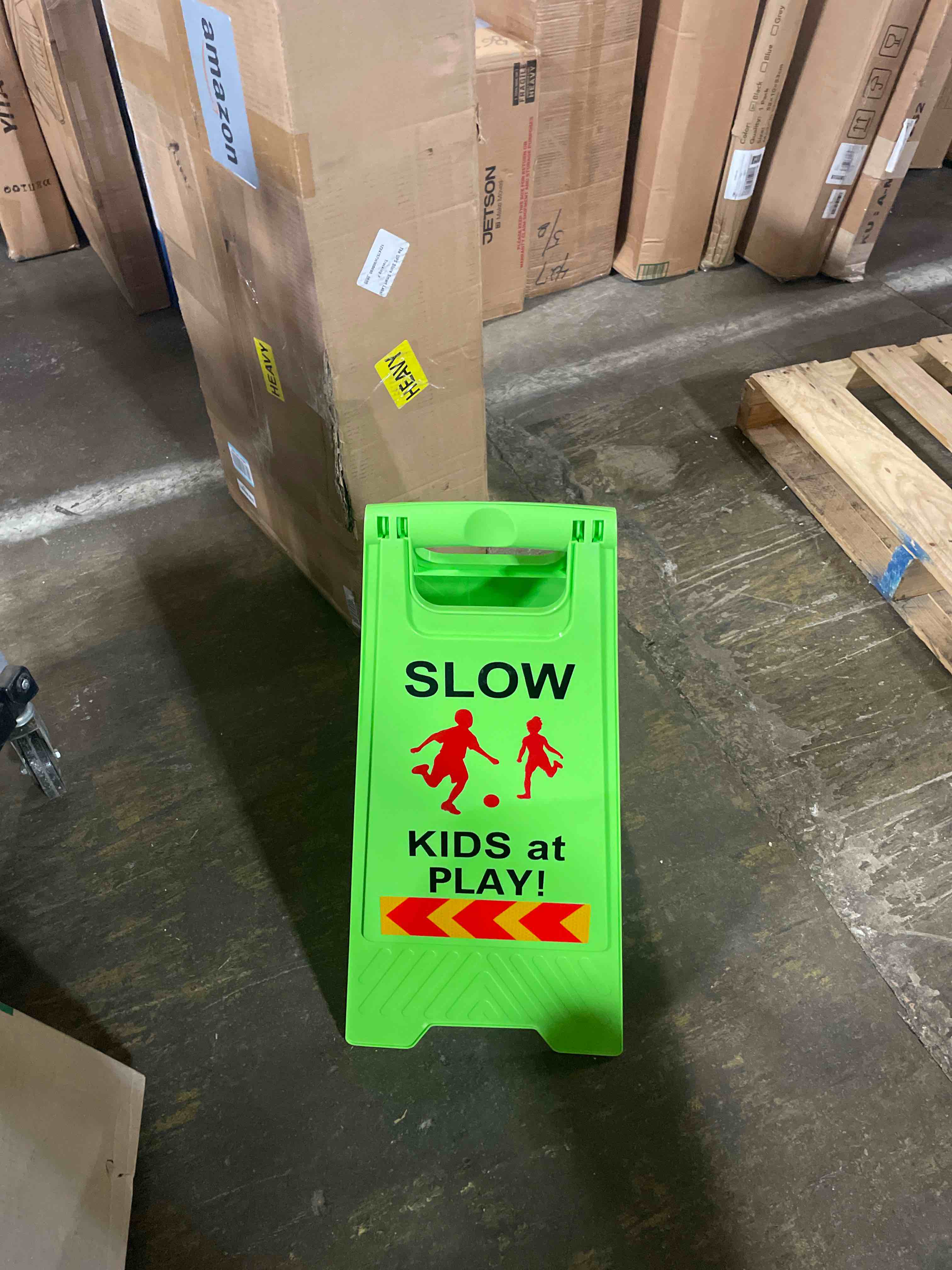 Condition photo showing New/Like New for slow kids at play signs for street, double-sided text and graphics with reflective tape, children at play safety sign for neighborhoods schools park sidewalk driveway (2-pack green)