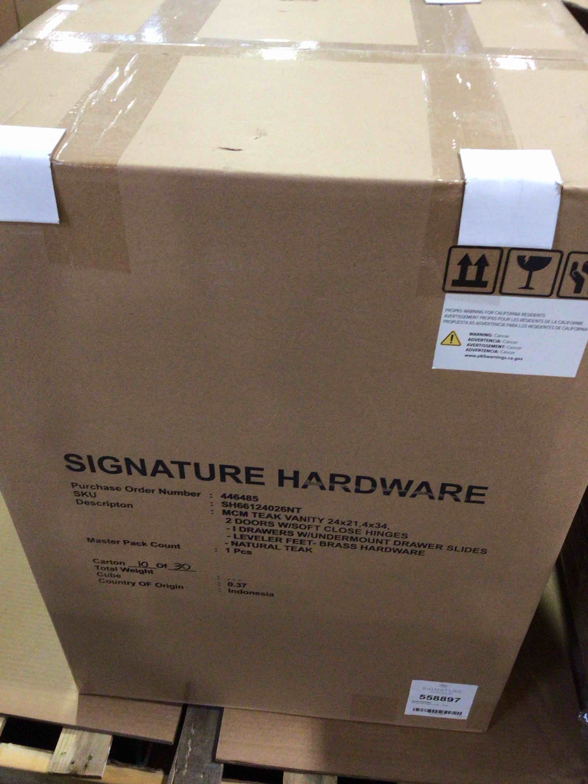 Condition photo showing New/Like New for signature hardware 25" novak vanity in teak/arctic white | undermount sink