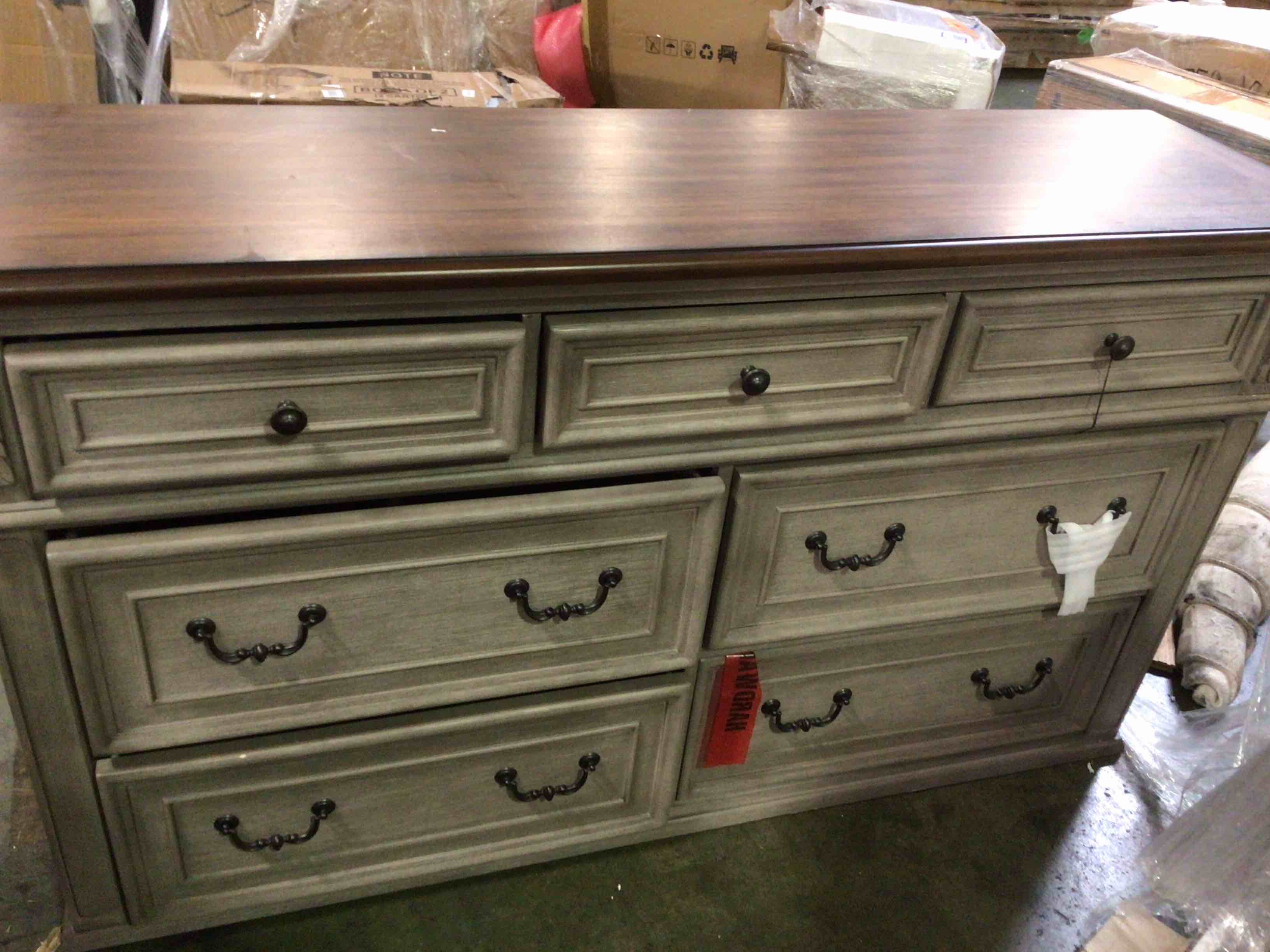 Condition photo showing Good Condition for ((damaged)) londenbay classic farmhouse 7 drawer dresser, brown & gray grey 18"d x 64"w x 40.3"h (7 drawers) dresser