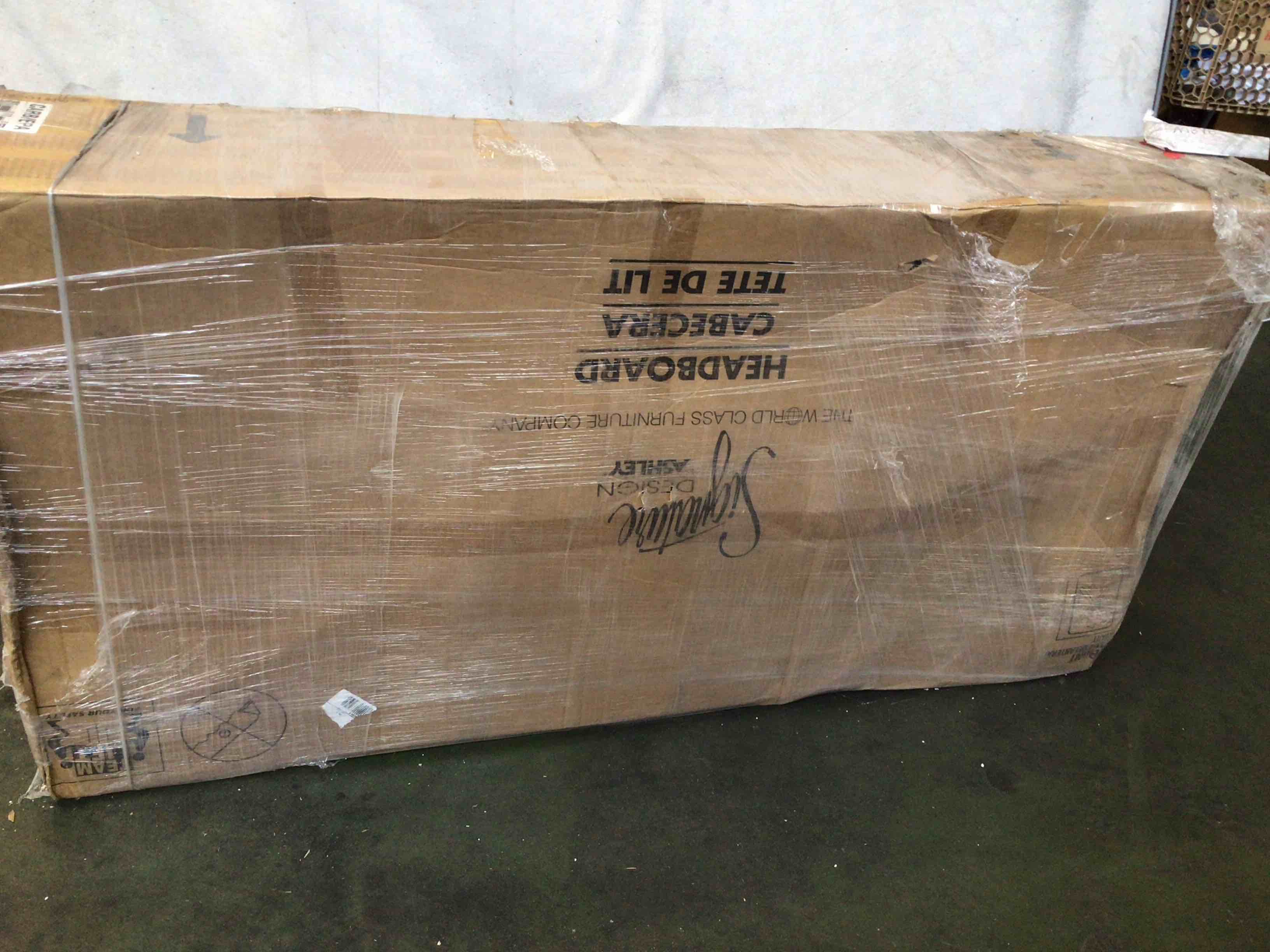 Condition photo showing As Is for ((incomplete)) trinell rustic storage bookcase headboard, full, warm brown