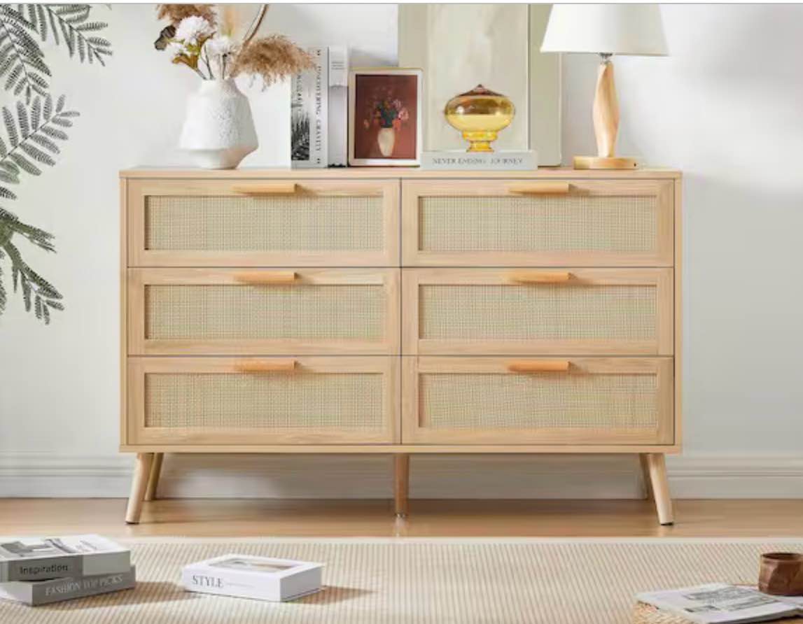 47 in. W x 16 in. D x 30 in. H Beige Linen Cabinet, 6-Double Bedroom Dresser with Rattan Drawers, Wood Chest of Drawers