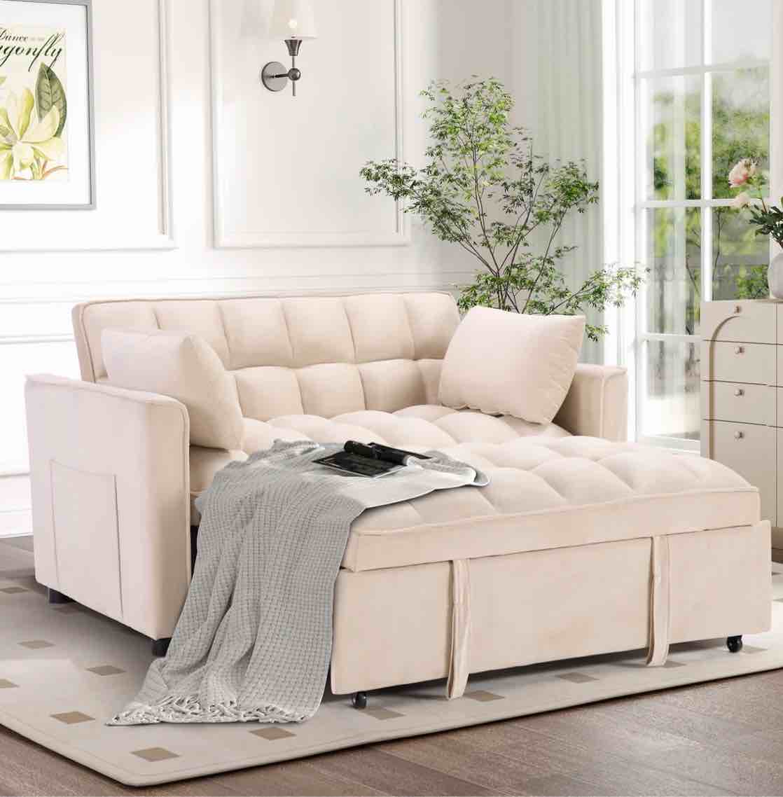 ((incomplete box 2/2) Bonzy home Modern Convertible Sofa Bed with Pull Out Bed, Velvet Convertible Sofa Bed with Adjustable Backrest, Folding Pillows and Side Pockets, Upholstered Sofa Chair for Living Room Office, Beige