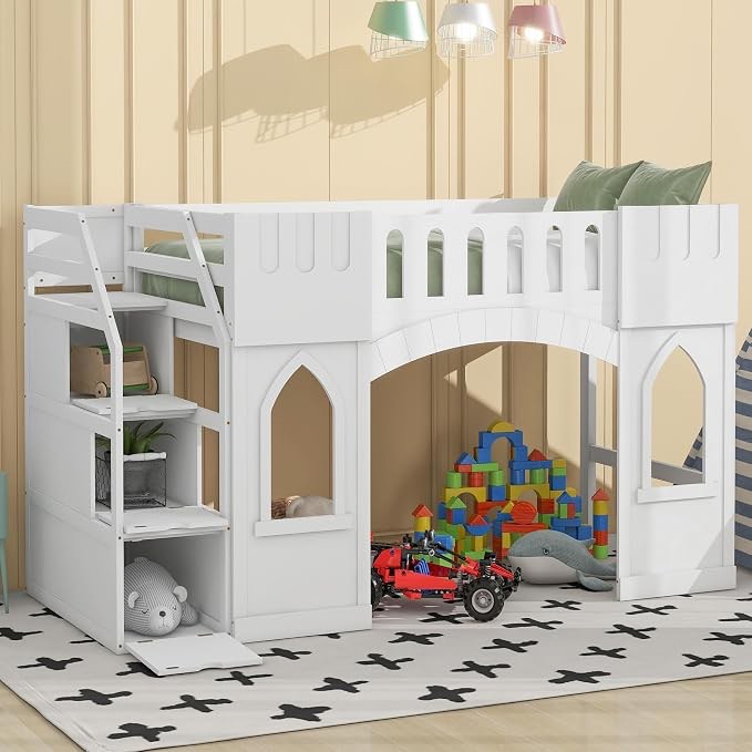 ((incomplete box 1/2)) P PURLOVE Twin Szie Loft Bed,Low Loft Bed with Storage Staircase and Window,Solid Wood Loft Befd Frame for Kids,Girls, Boys,White