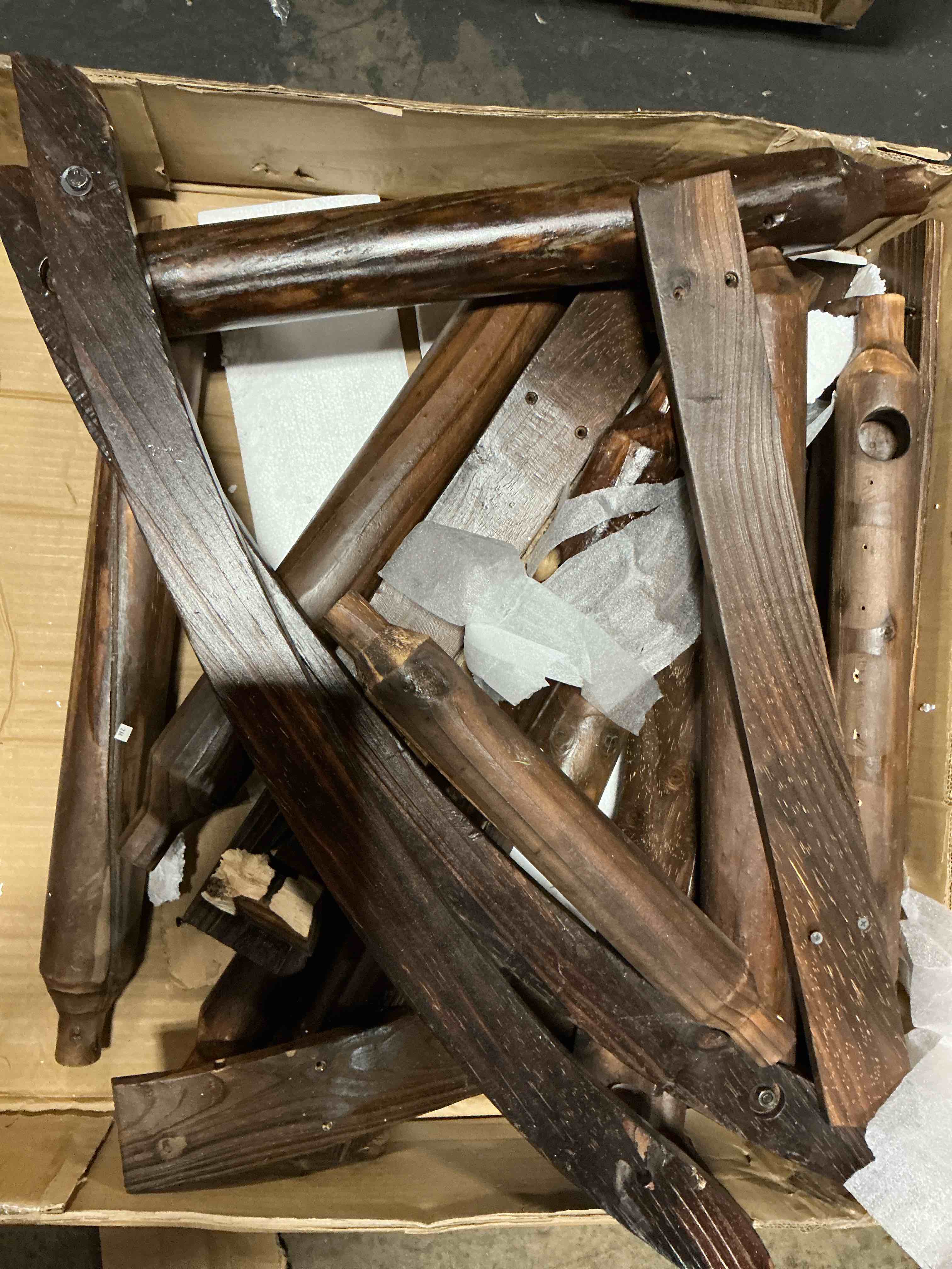 Condition photo showing As Is for (damaged , its a broken) lue bona outdoor side table, hdps small outdoor adirondack side tables, outside end table for patio, porch, deck, weather resistant/easy maintenance, dark brown 16.1 in dark brown 1