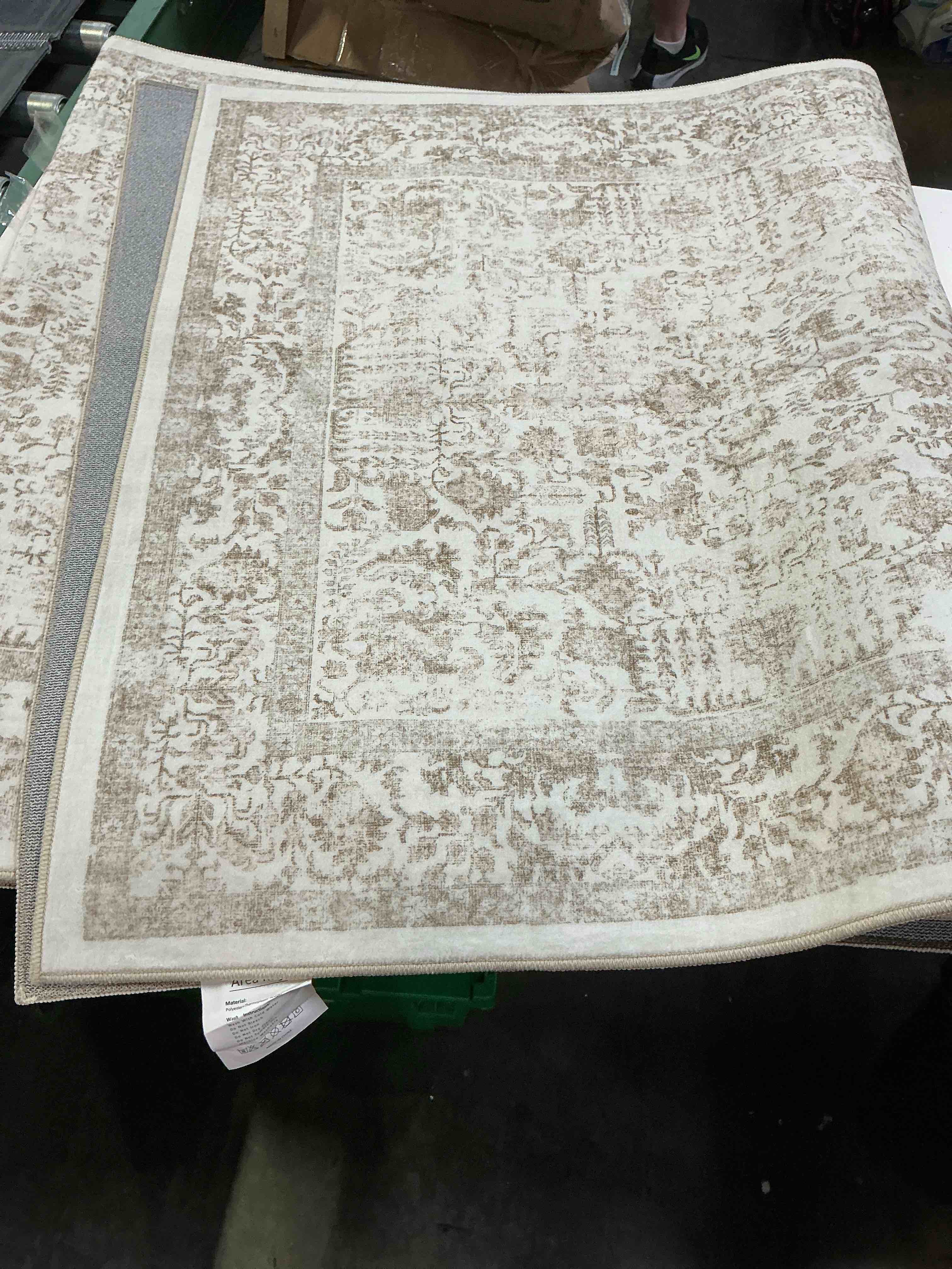 Condition photo showing Good Condition for gray runner rug 3x10 vintage floral | washable, non slip, soft low pile, neutral, farmhouse, long carpet for hallway, kitchen, laundry room, retro home decor