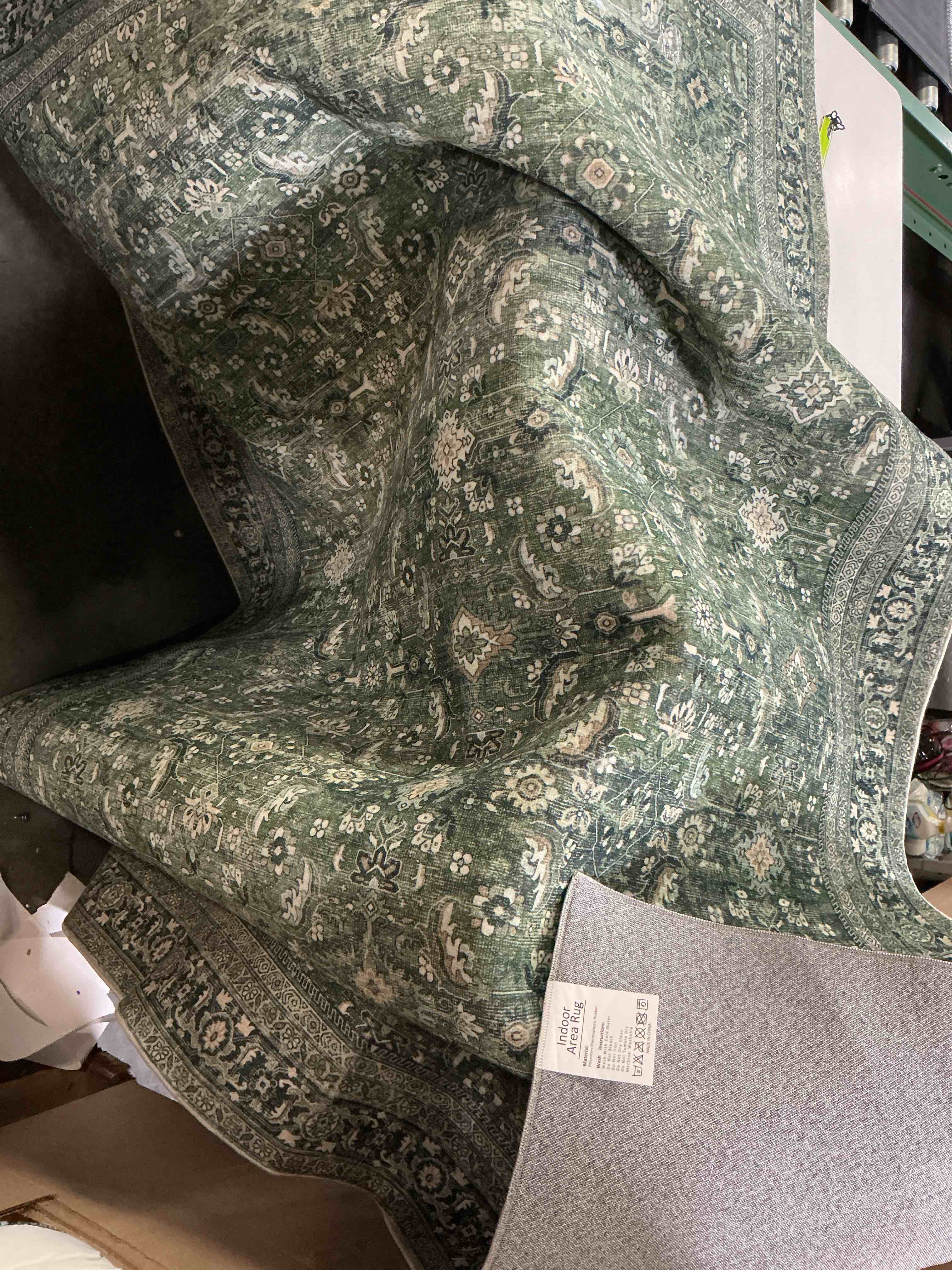 Condition photo showing Good Condition for sage green area rug 5x7 vintage traditional accent | washable, non slip, soft low pile, indoor carpet for bedroom, living room, dining room, distressed decor