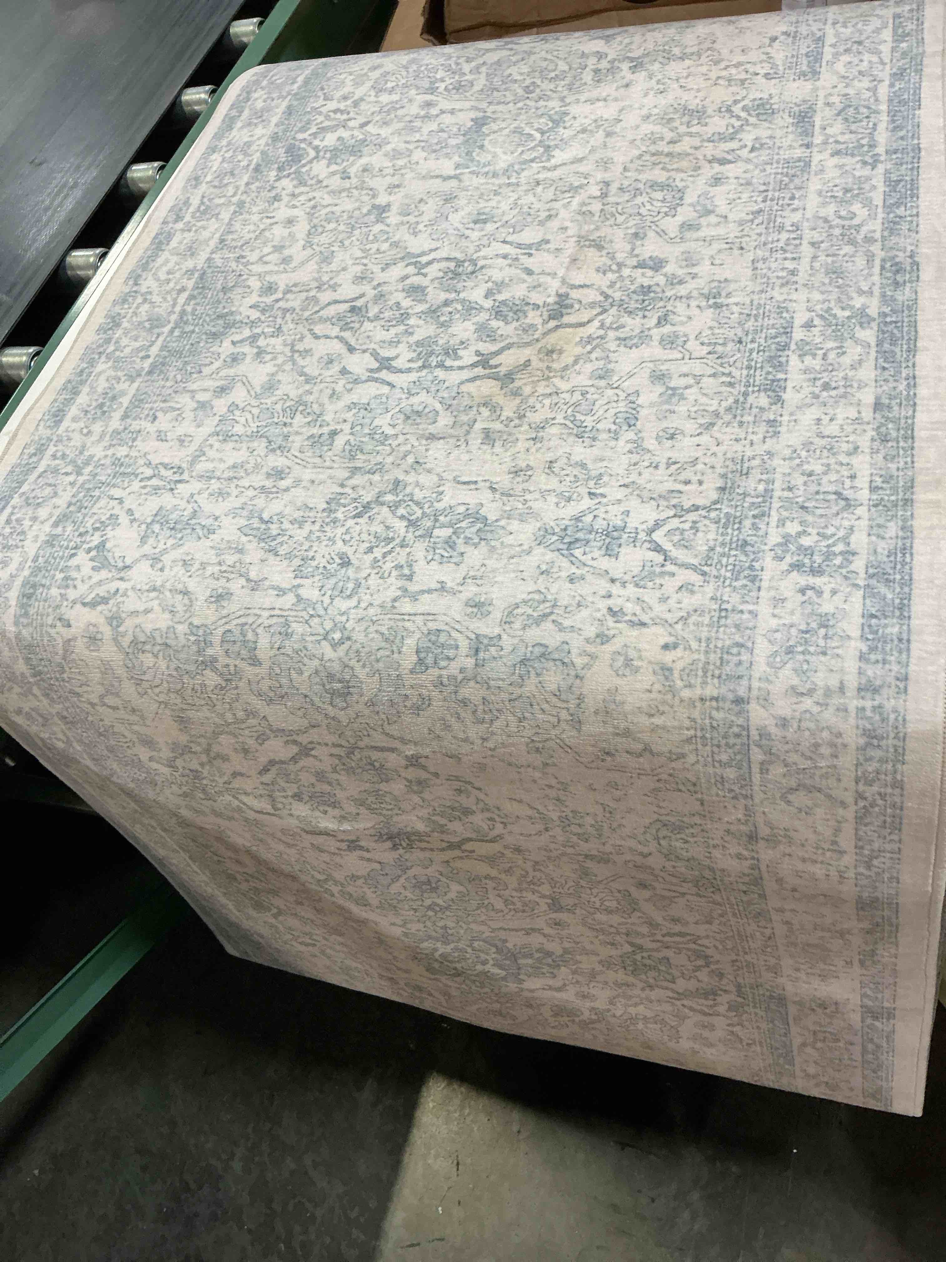 Condition photo showing As Is for entomology green 2 ft. x 10 ft. vintage floral runner rug accent | blue