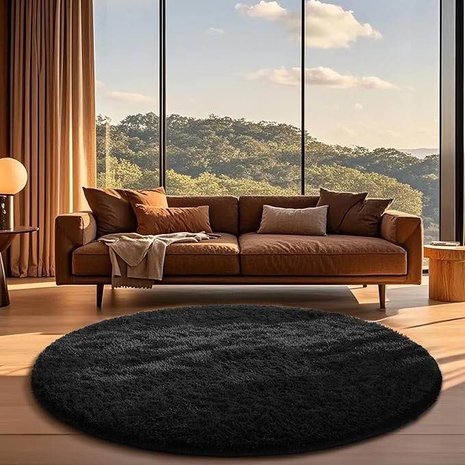 ophanie round rug 6ft black circle area rug, room decor for men, fluffy fuzzy bedroom carpet, plush soft shaggy living room rugs for kids home aesthetic, nursery with over 99 pcs pile fibers