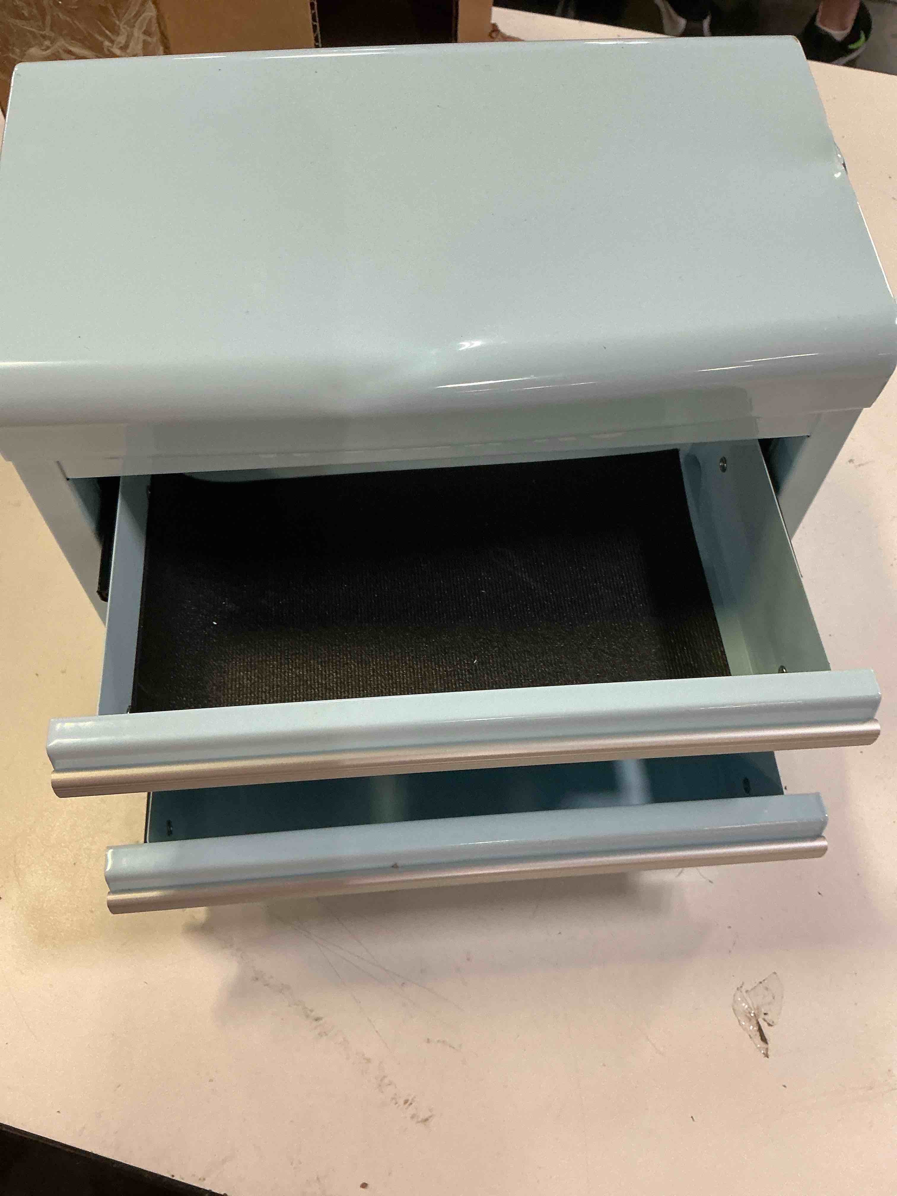 Condition photo showing As Is for (damaged) workpro metal mini tool box with 2 drawers and top storage | cold rolled steel toolbox, ball bearing slides, pvc drawer liners, pp feet pads, durable storage