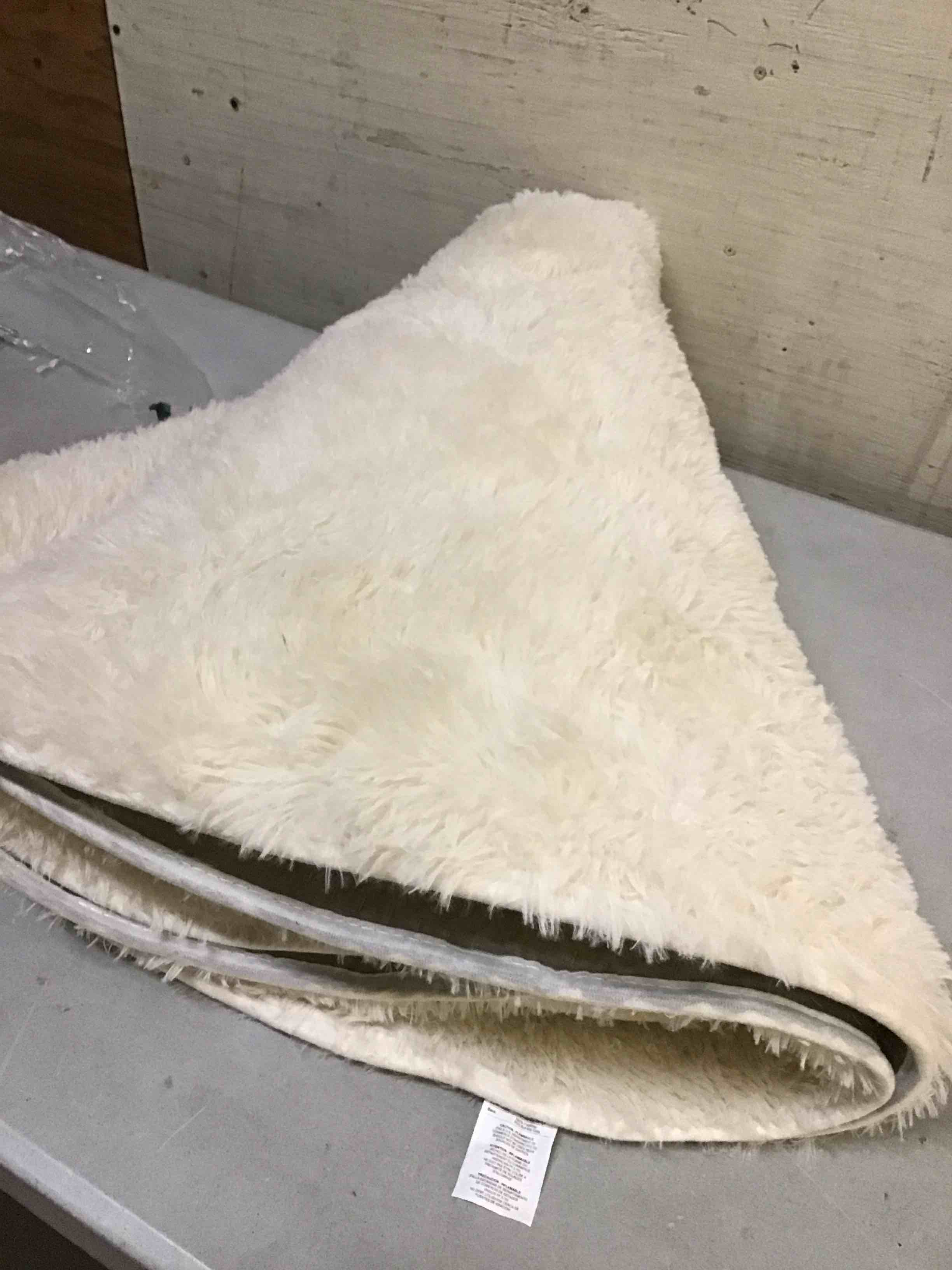 Condition photo showing As Is for ophanie round washable rugs 5ft ivory area rug,baby nursery living room bedroom decor circular carpet 5 foot,fluffy fuzzy shag plush cream for kids boys girls teen with over 99 pcs pile fibers